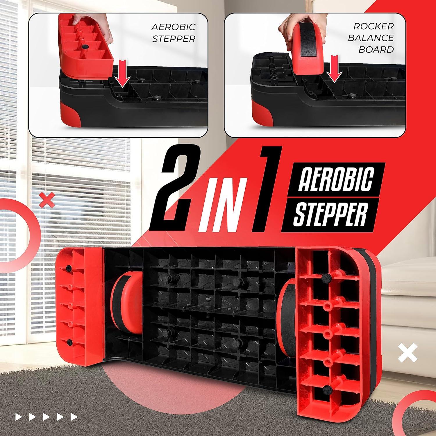 Yes4All 2-in-1 Adjustable Aerobic Step Platform Fitness Exercise Stepper with Rocker Balance Board Legs for Home Workout, Step Exercise & Balance Training(C. Red)