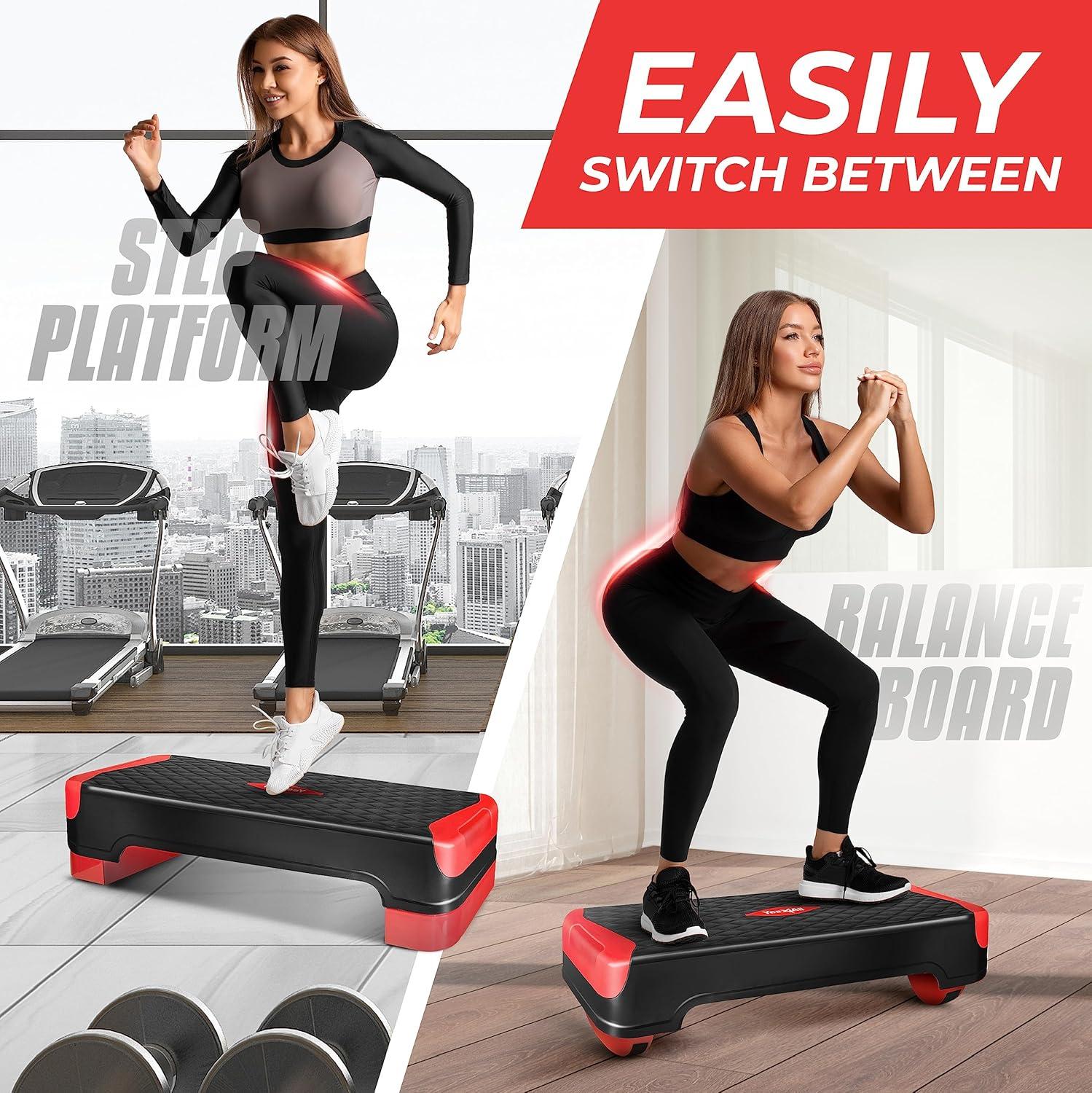 Yes4All 2-in-1 Adjustable Aerobic Step Platform Fitness Exercise Stepper with Rocker Balance Board Legs for Home Workout, Step Exercise & Balance Training(C. Red)