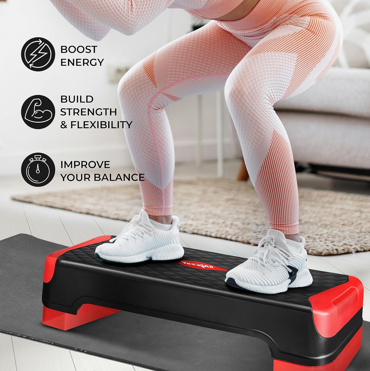 Yes4All 2-in-1 Adjustable Aerobic Step Platform Fitness Exercise Stepper with Rocker Balance Board Legs for Home Workout, Step Exercise & Balance Training(C. Red)