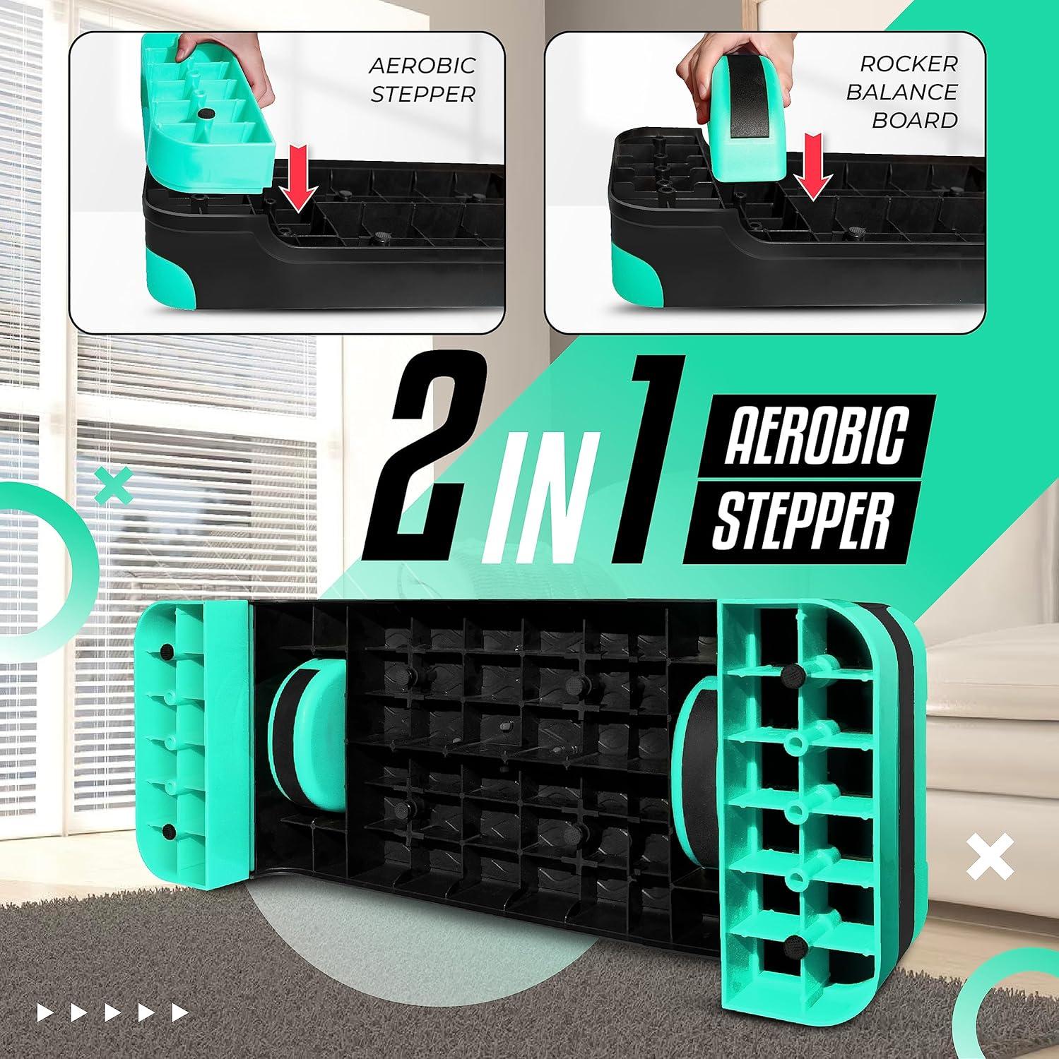 Yes4All 2-in-1 Adjustable Aerobic Step Platform Fitness Exercise Stepper with Rocker Balance Board Legs for Home Workout, Step Exercise & Balance Training(A. Neo Green)