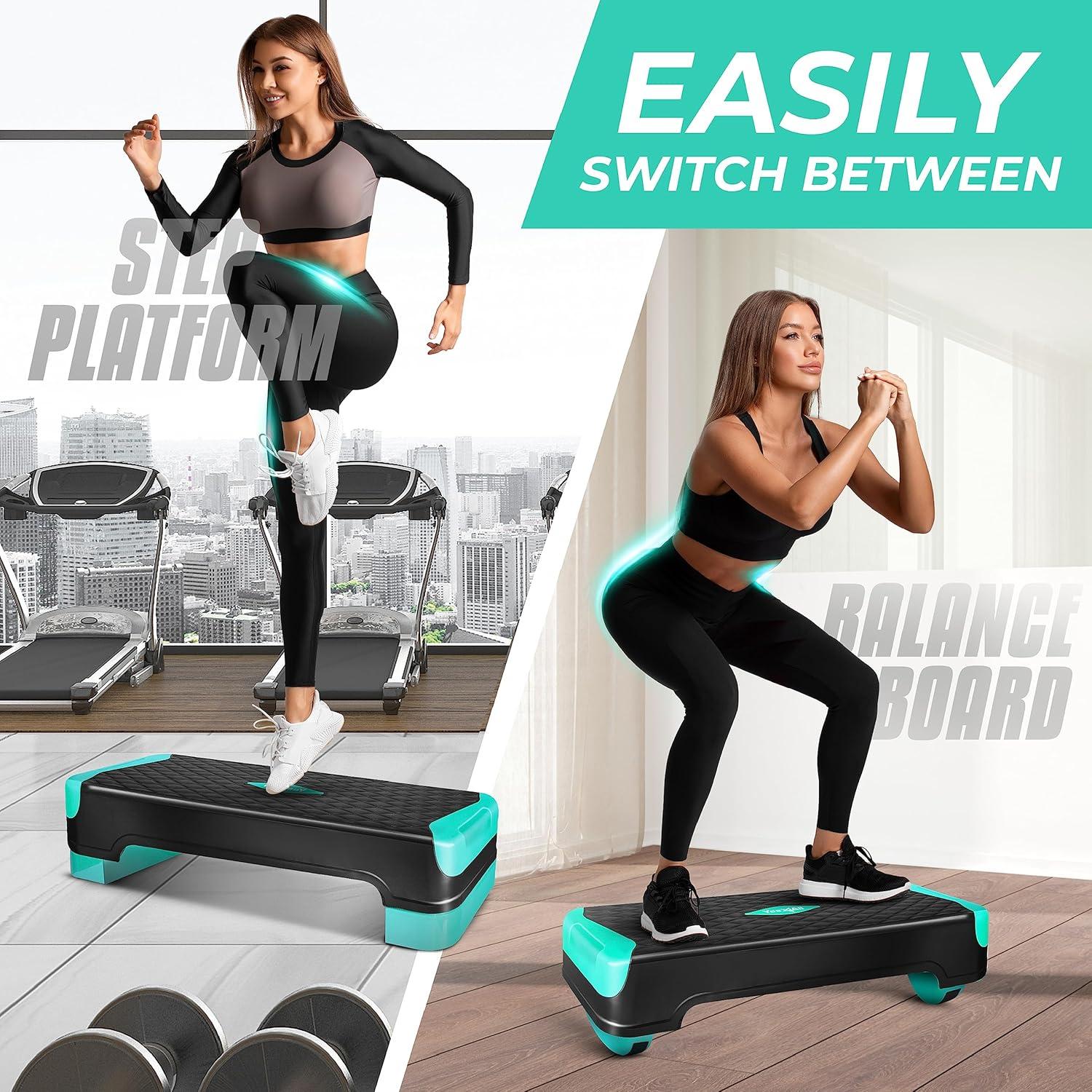 Yes4All 2-in-1 Adjustable Aerobic Step Platform Fitness Exercise Stepper with Rocker Balance Board Legs for Home Workout, Step Exercise & Balance Training(A. Neo Green)