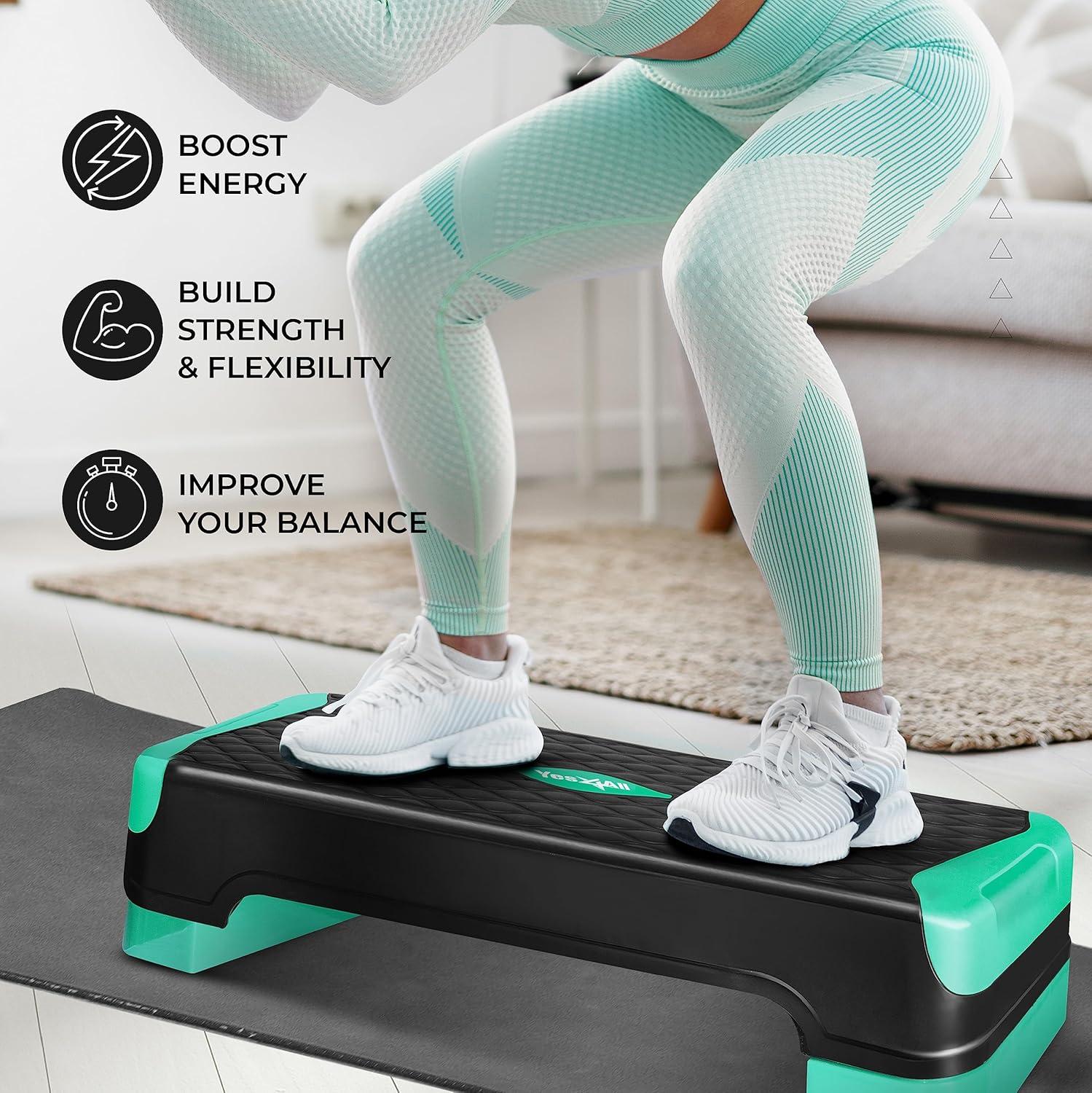 Yes4All 2-in-1 Adjustable Aerobic Step Platform Fitness Exercise Stepper with Rocker Balance Board Legs for Home Workout, Step Exercise & Balance Training(A. Neo Green)