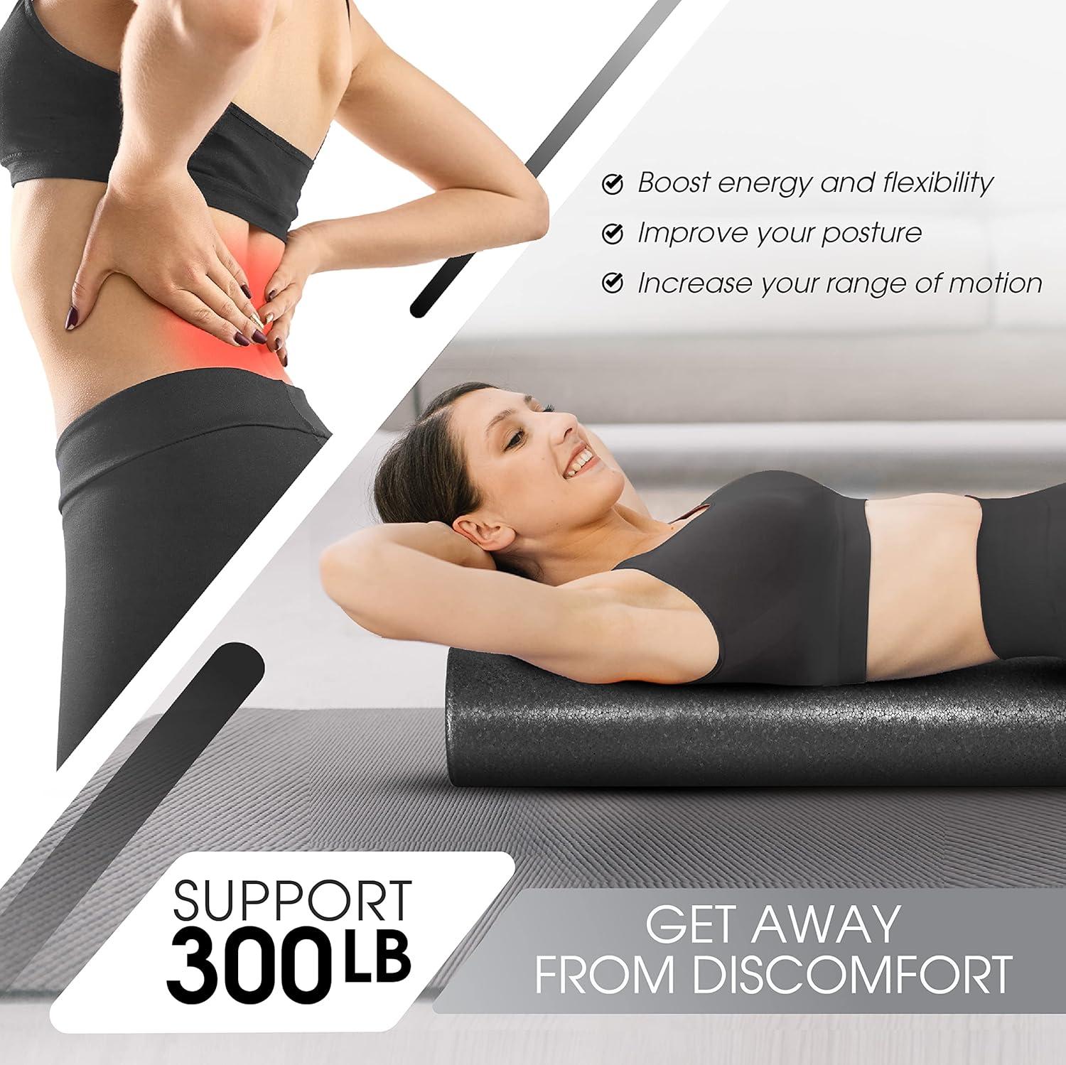 Yes4All High-Density Round Back Roller Foam, Exercise Foam Roller for Yoga, Pilates & Stretching – 12, 18, 24, 36 inch(Black)