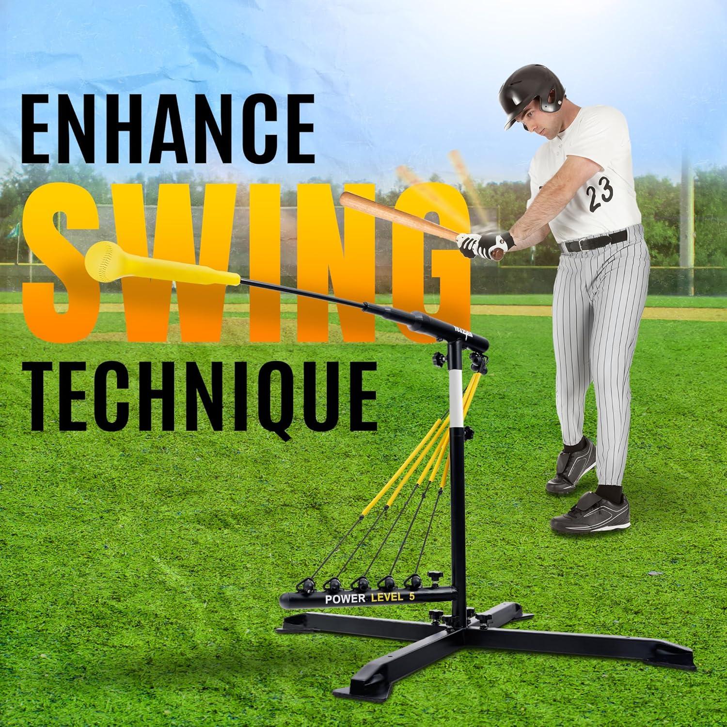 Yes4All Baseball Practice Training Equipment, 5 Elastic Bowstrings Softball/Baseball Hitting Trainer for All Ages, Adjustable Height & Portable Baseball Batting Practice Swing Trainer