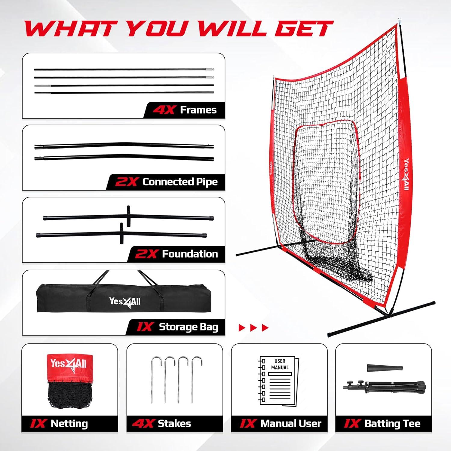 Yes4All 7x7ft Baseball Net with Batting Tee, Durable Softball Nets for Hitting and Pitching Practice, Backstop Net for Backyard Training