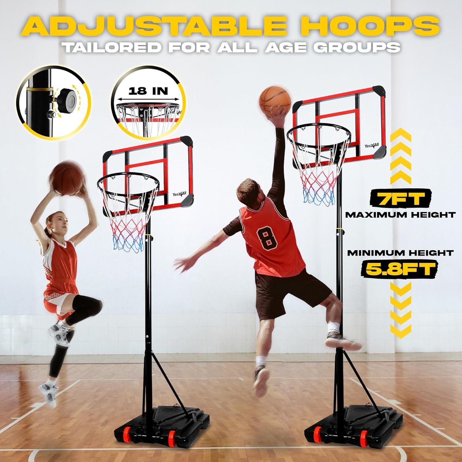 Yes4All Portable Basketball Hoop, 5.8-7ft Adjustable Height Portable Basketball Goal for Indoor, Outdoor, Pool with PC Backboard and Stable Base