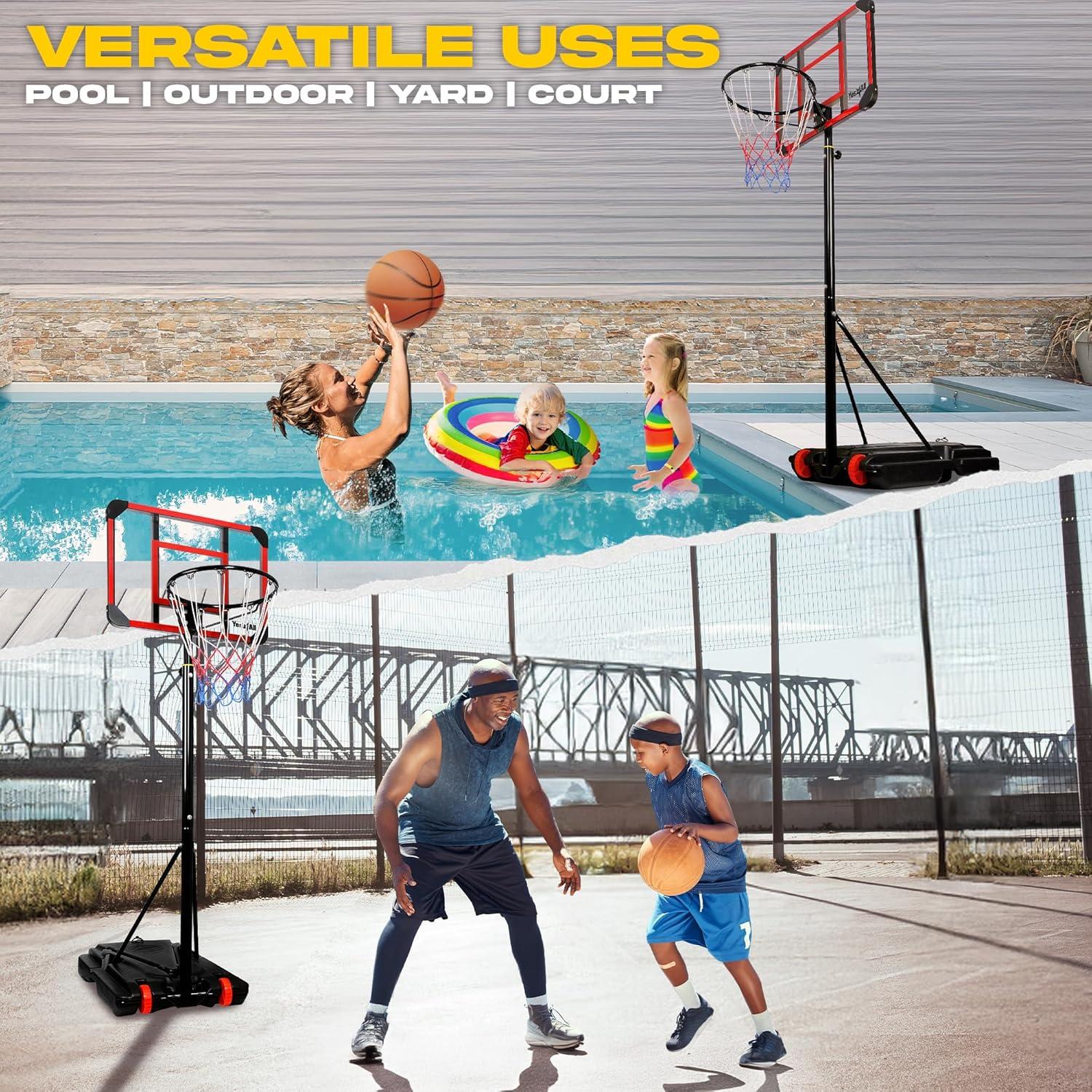 Yes4All Portable Basketball Hoop, 5.8-7ft Adjustable Height Portable Basketball Goal for Indoor, Outdoor, Pool with PC Backboard and Stable Base