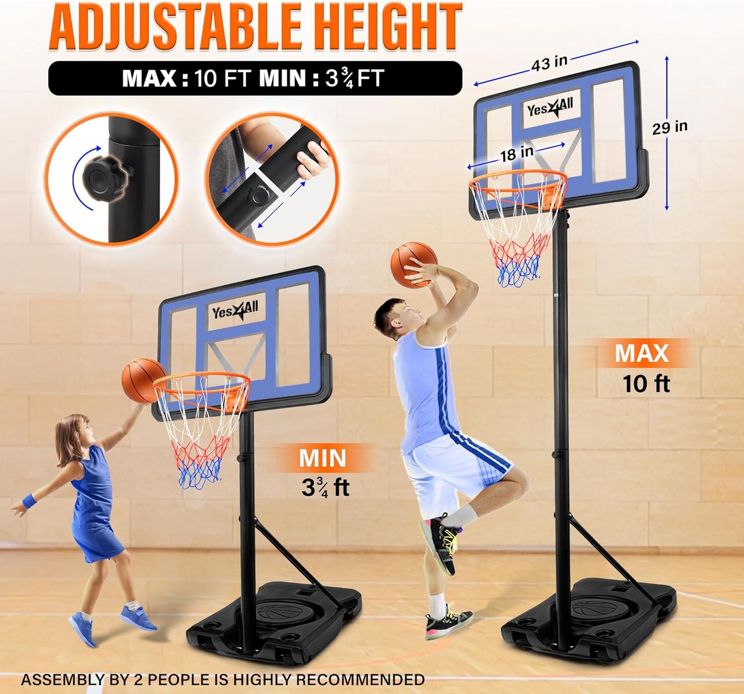 Yes4All Portable Basketball Hoop Outdoor, 3.8-10Ft Basketball Goal Adjustable for Kid/Teen/Adult Practicing Indoor & Outdoor
