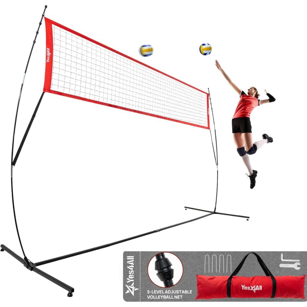 Yes4All Freestanding Volleyball Net with 5 Adjustable Heights, 12ft Portable Volleyball Net for Backyard & Beach, Special Low Middle Bar for Volleyball Outdoor Net to Reduce Tripping