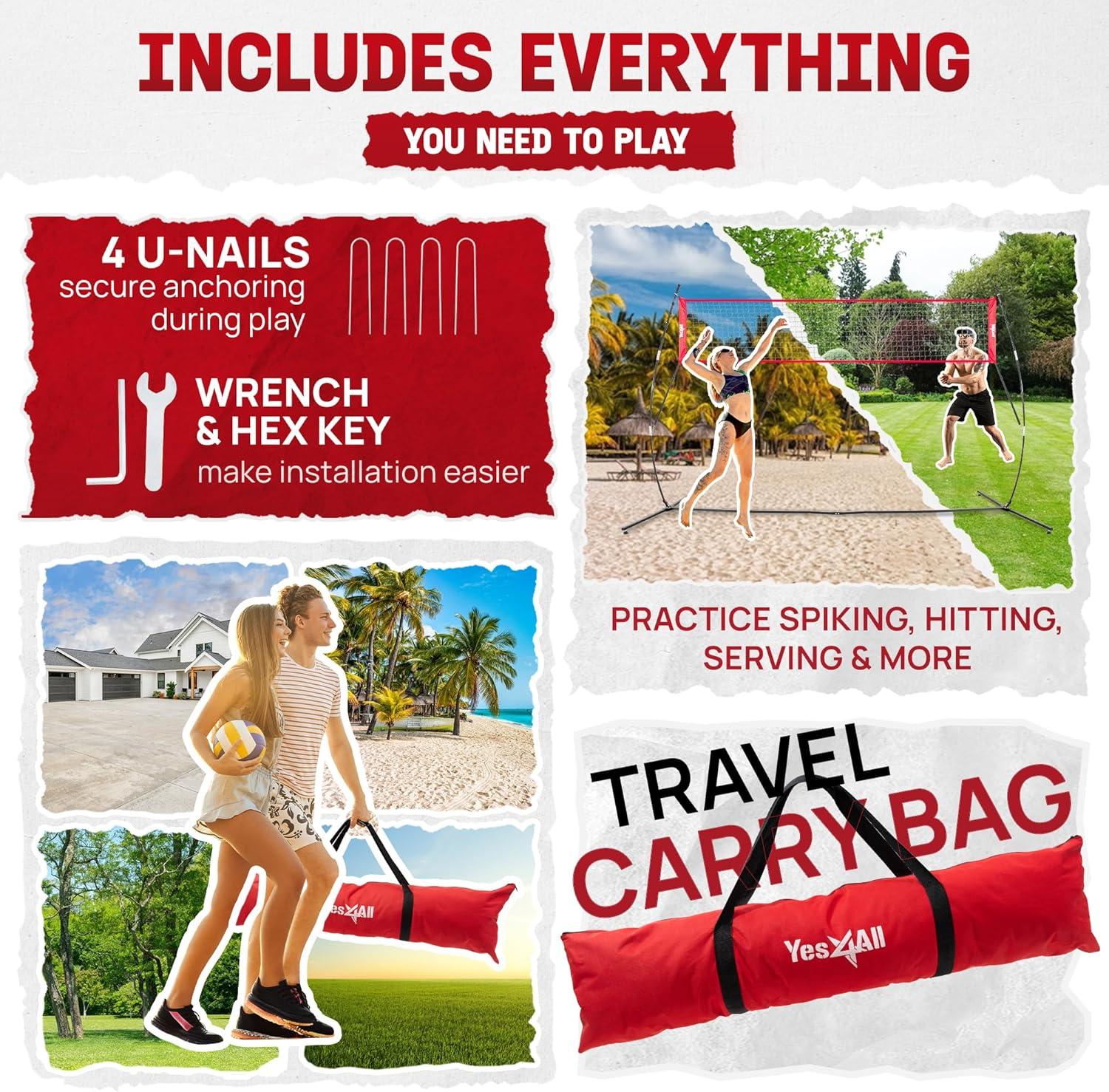 Yes4All Freestanding Volleyball Net with 5 Adjustable Heights, 12ft Portable Volleyball Net for Backyard & Beach, Special Low Middle Bar for Volleyball Outdoor Net to Reduce Tripping