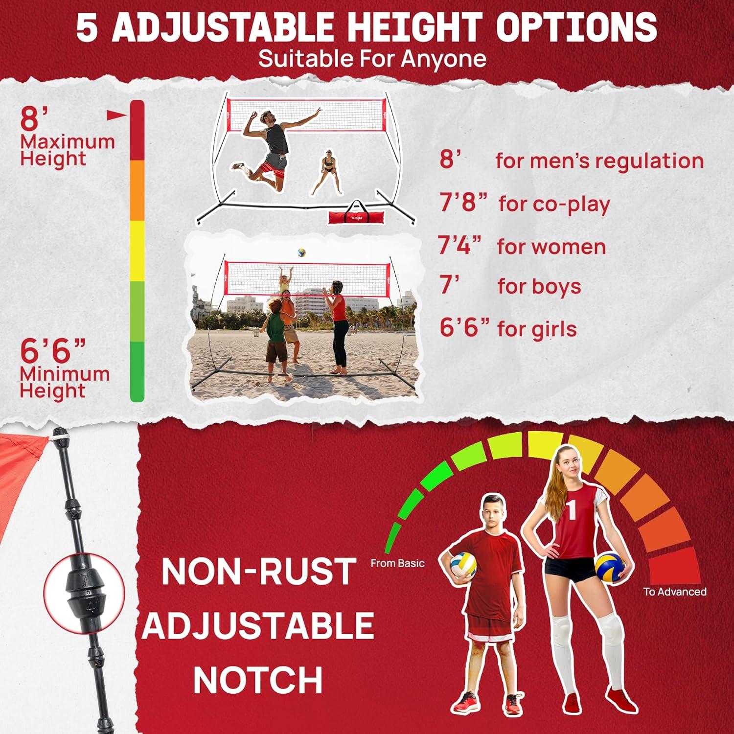 Yes4All Freestanding Volleyball Net with 5 Adjustable Heights, 12ft Portable Volleyball Net for Backyard & Beach, Special Low Middle Bar for Volleyball Outdoor Net to Reduce Tripping