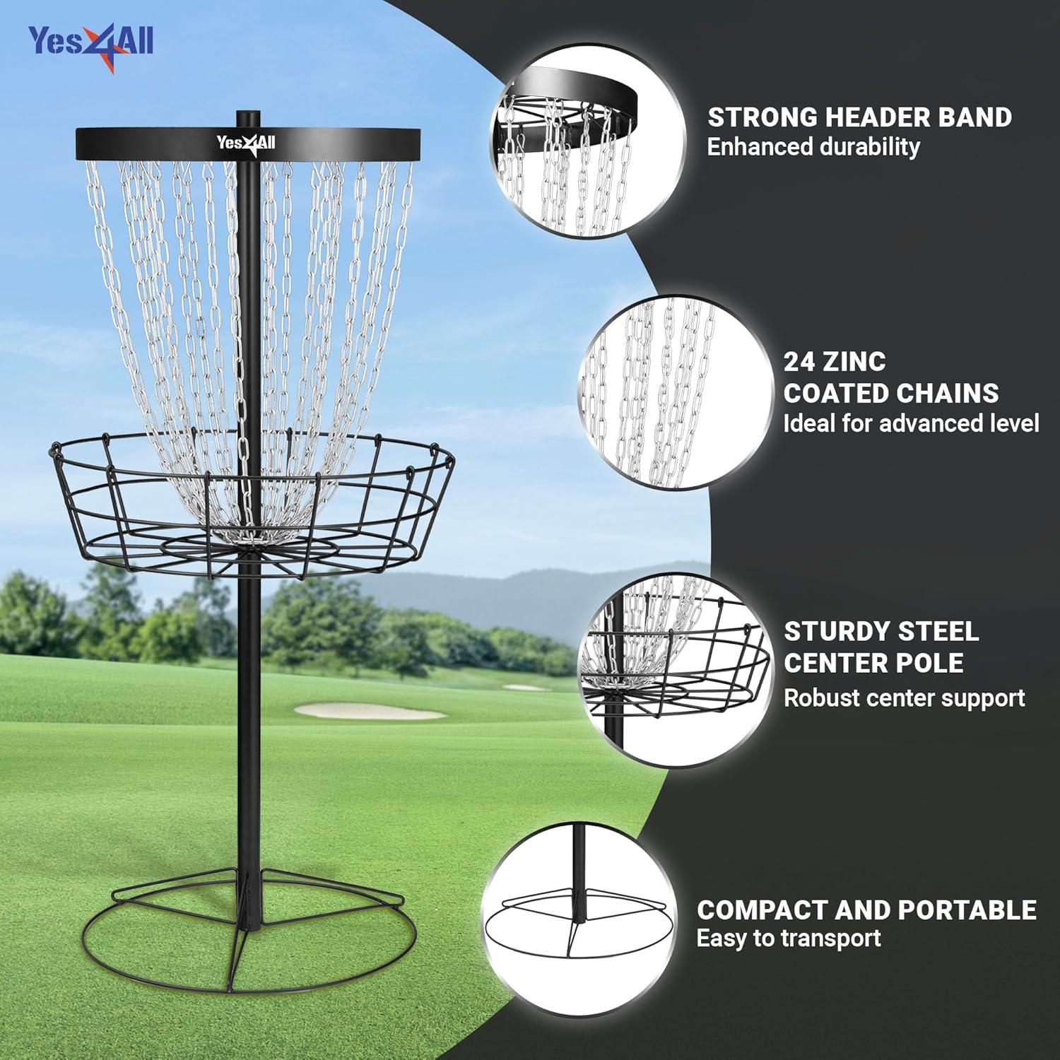 Yes4All PRO Disc Golf Basket, Heavy-Duty 24 Chain Portable Frisbee Golf Baskets Target Set for Professional Disc Golfer
