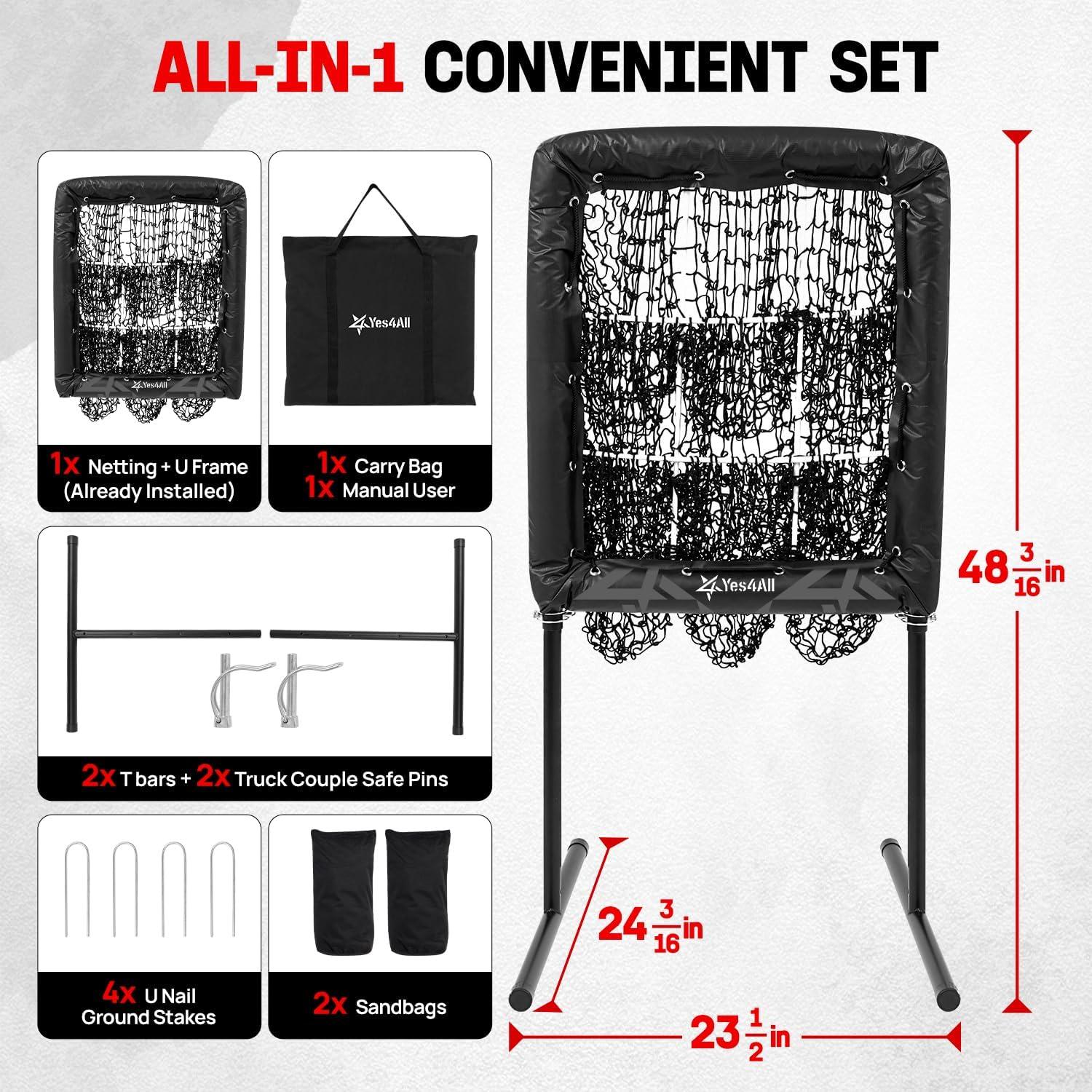 Yes4All 9 Hole Pitching Net, Pre-Installed Pitching Target & U Frame Foam-Padded, 4-Height Adjustable Pitching Net with Strike Zone Upgraded Bungee Cord, 2 Sandbags & 4 Ground Stakes Included