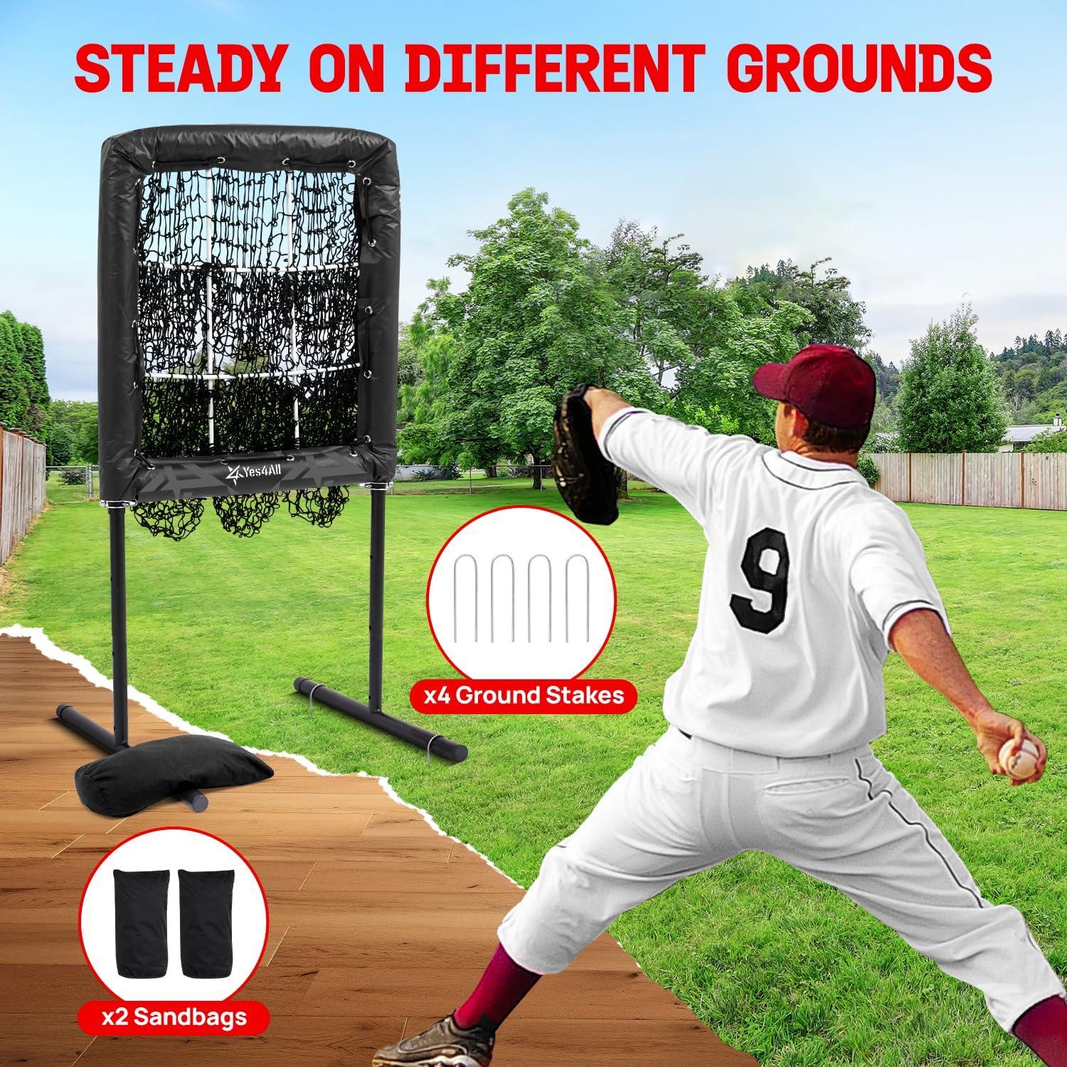 Yes4All 9 Hole Pitching Net, Pre-Installed Pitching Target & U Frame Foam-Padded, 4-Height Adjustable Pitching Net with Strike Zone Upgraded Bungee Cord, 2 Sandbags & 4 Ground Stakes Included