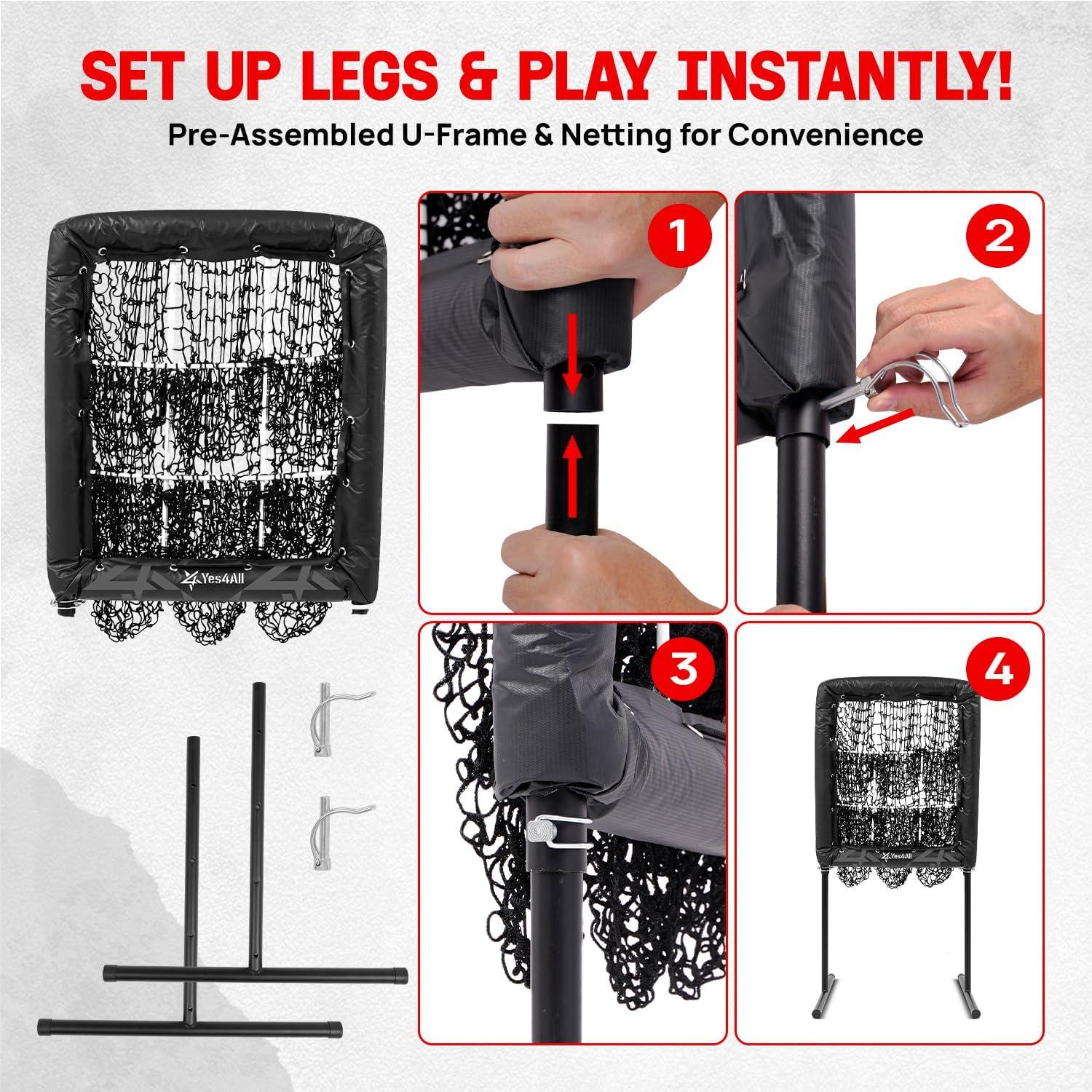 Yes4All 9 Hole Pitching Net, Pre-Installed Pitching Target & U Frame Foam-Padded, 4-Height Adjustable Pitching Net with Strike Zone Upgraded Bungee Cord, 2 Sandbags & 4 Ground Stakes Included