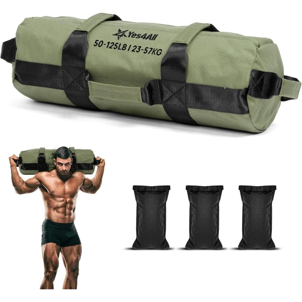 Yes4All Sandbags for Working Out, Adjustable Sand Bags for Weight Training with Handles, Multiple Colors & Sizes 5-200lbs(C. Army Green – L (50 -125 Lbs))