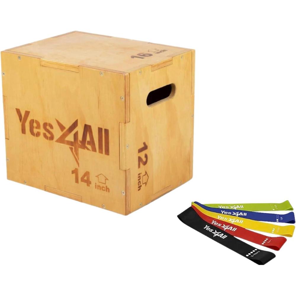 Yes4All 3-in-1 Wooden Plyo Box with Resistance Loop Bands- Plyometric Jump Box for Home Gym and Outdoor Workouts, 450 lbs Box Jump