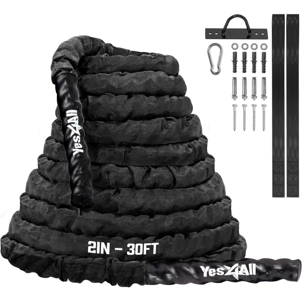 Yes4All Battle Ropes, Workout Rope with Cover, Steel Anchor & Strap Included, Heavy Ropes for Exercise Training – 1.5/2 Inch Diameter, 30, 40, 50 Ft Length(Black)