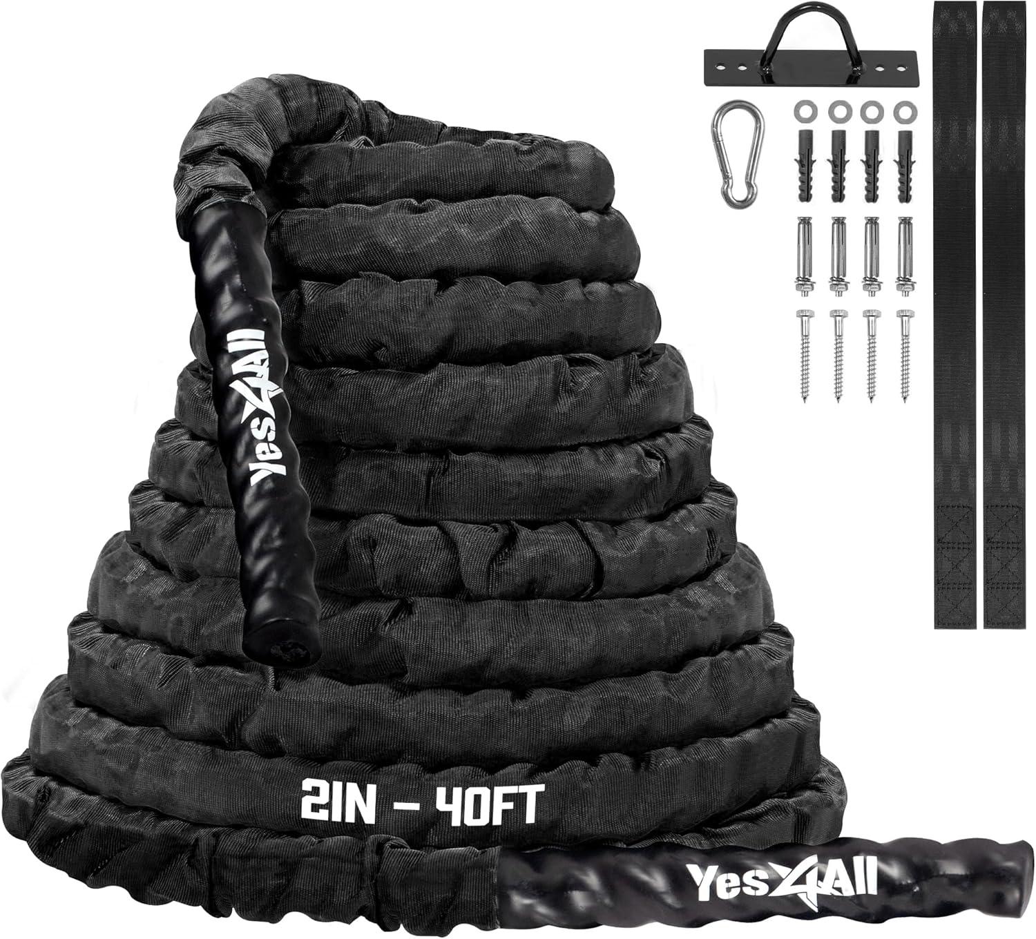 Yes4All Battle Ropes, Workout Rope with Cover, Steel Anchor & Strap Included, Heavy Ropes for Exercise Training – 1.5/2 Inch Diameter, 30, 40, 50 Ft Length(Black)