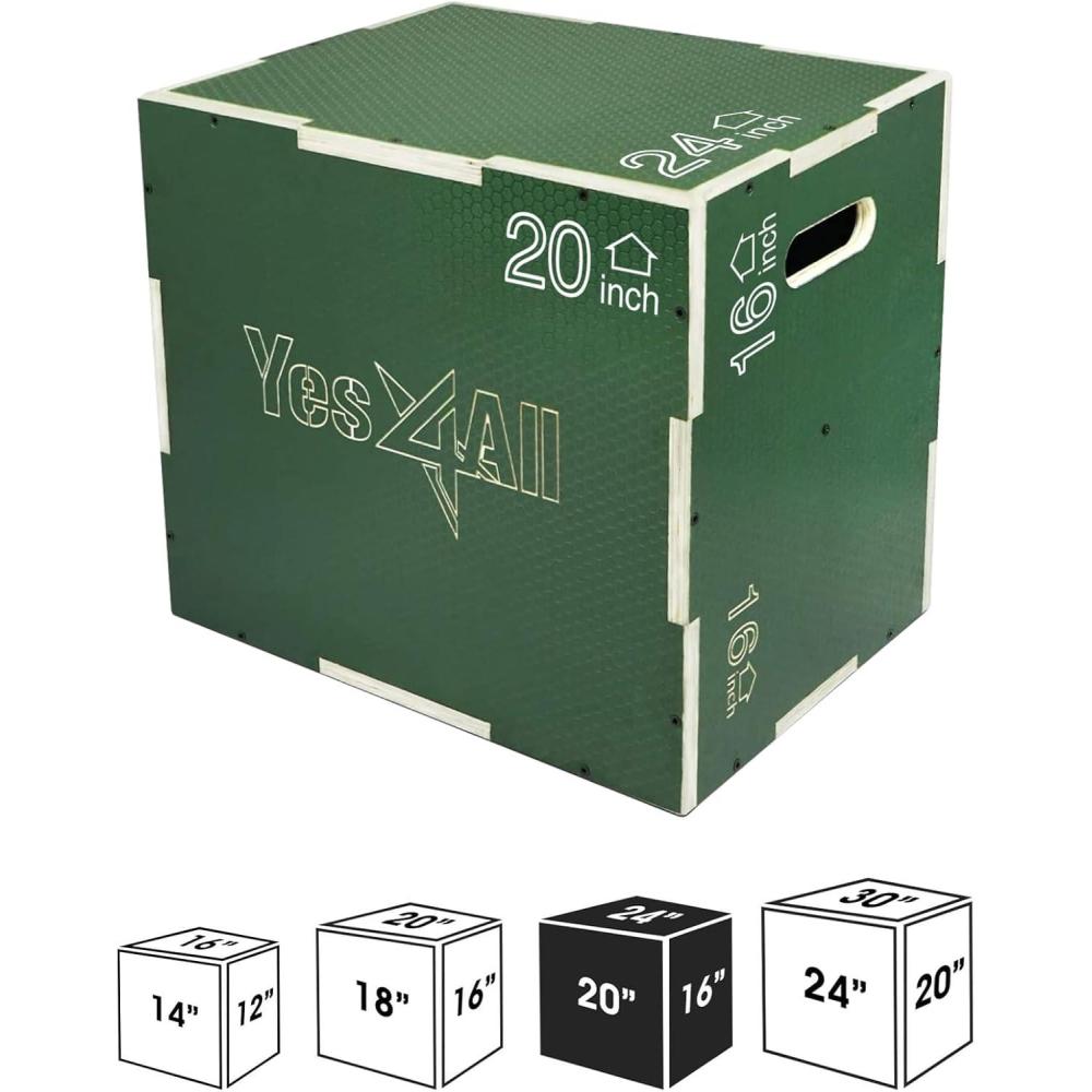 Yes4All 3 in 1 Non-Slip Wooden Plyo Box, Plyometric Box for Home Gym and Outdoor Workout 24″ 20″ 16″ – Green