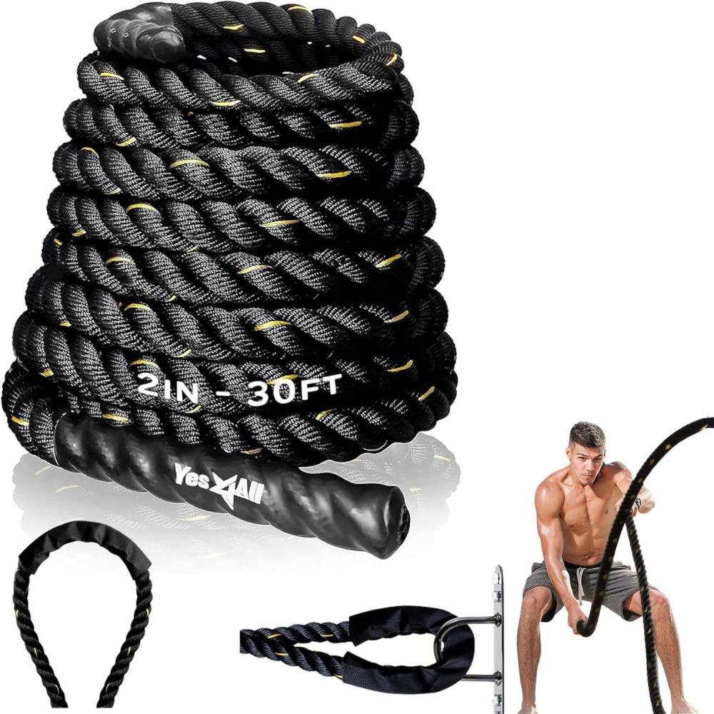 Yes4All 1.5/2 Inch Battle Ropes with Extra Protective Sleeve, Workout Ropes for Cross-Training Home Gym & Fitness Exercises, Strength Training – 30,40,50 Feet Lengths Available(D. 2in – 30ft)