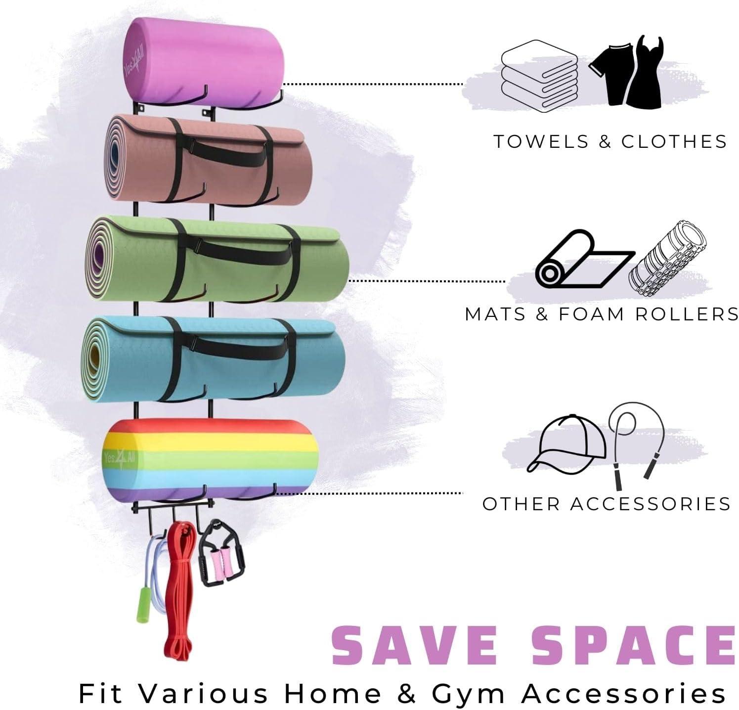 Yes4All 3-Tier and 5-Tier Steel Yoga Mat Rack Organizer Wall Mount with 3 Hooks, Foam Roller Holder Wall Mount Rack For Yoga Mat Storage, Hanging Yoga Strap and Resistance Bands