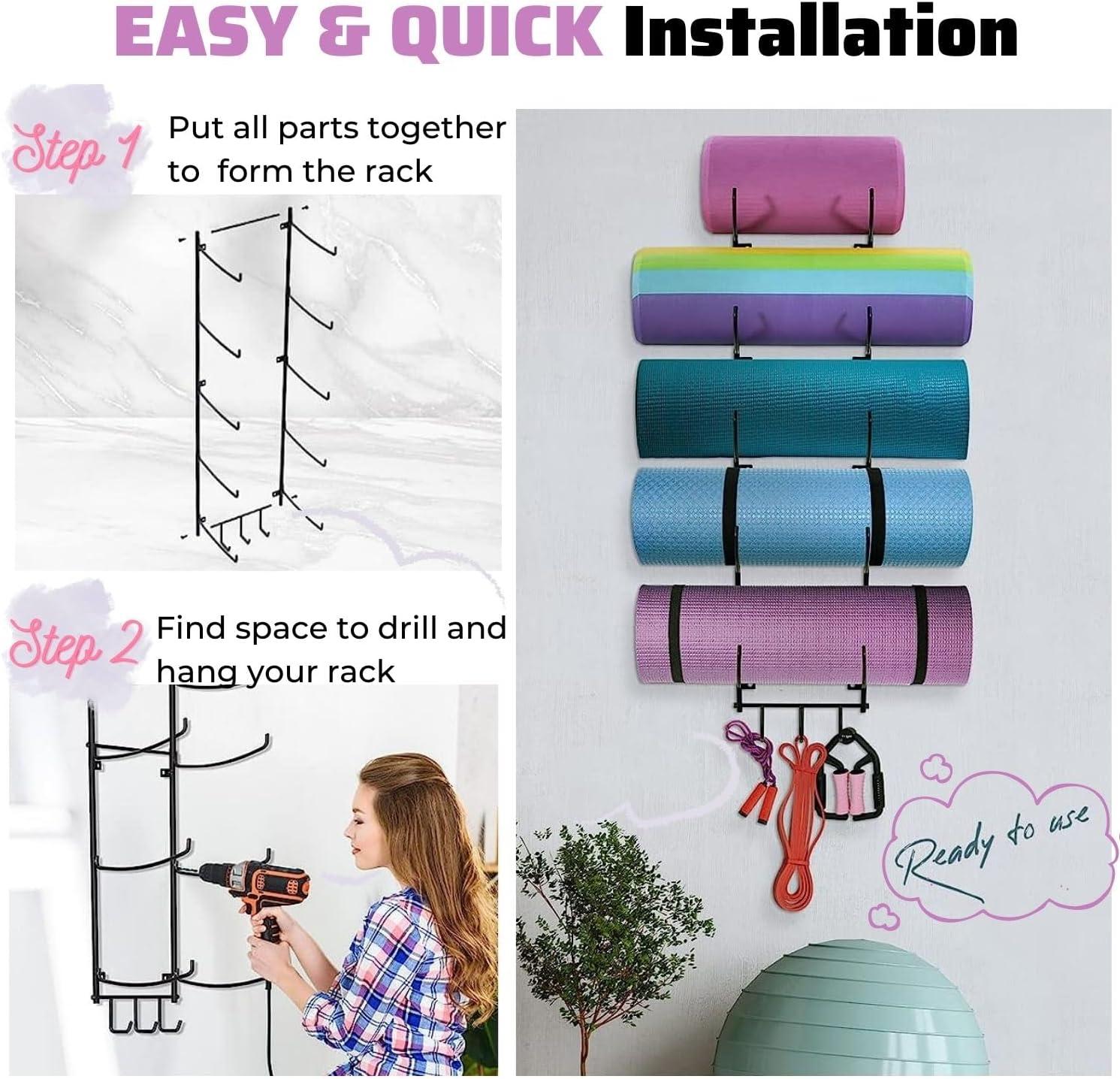 Yes4All 3-Tier and 5-Tier Steel Yoga Mat Rack Organizer Wall Mount with 3 Hooks, Foam Roller Holder Wall Mount Rack For Yoga Mat Storage, Hanging Yoga Strap and Resistance Bands