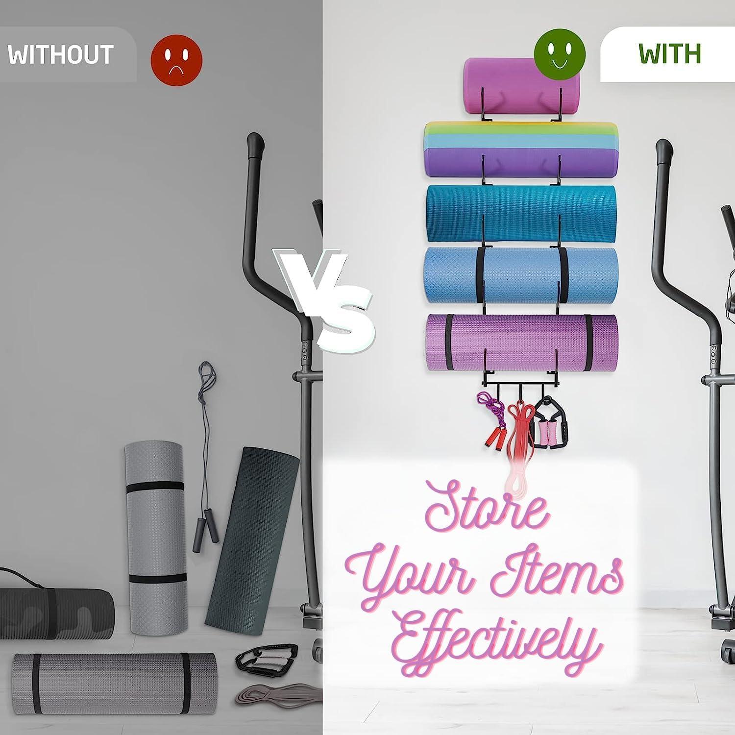 Yes4All 3-Tier and 5-Tier Steel Yoga Mat Rack Organizer Wall Mount with 3 Hooks, Foam Roller Holder Wall Mount Rack For Yoga Mat Storage, Hanging Yoga Strap and Resistance Bands
