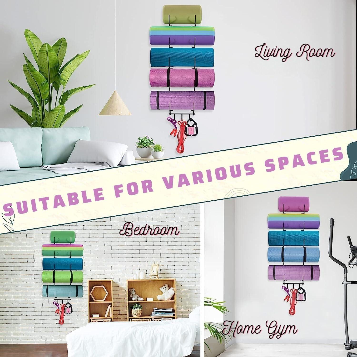 Yes4All 3-Tier and 5-Tier Steel Yoga Mat Rack Organizer Wall Mount with 3 Hooks, Foam Roller Holder Wall Mount Rack For Yoga Mat Storage, Hanging Yoga Strap and Resistance Bands