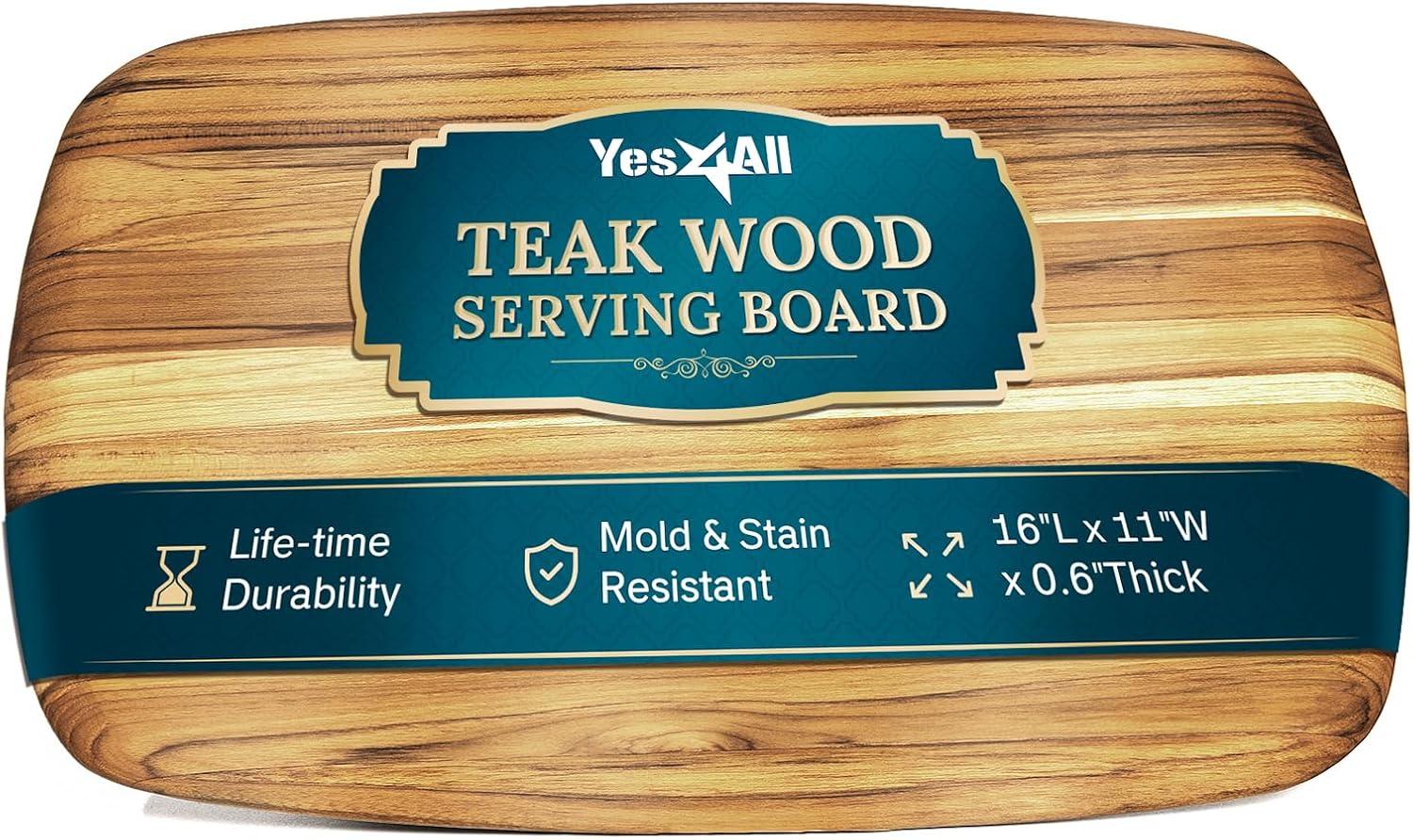 Yes4All Durable Teak Cutting Boards for Kitchen, [20L x 15W x 1.5 Thick] Large Edge Grain Cutting Board, Pre Oiled Wood Cutting Boards, Thick Chopping Board w/Juice Grooves and Easy Grip Handle(Teak)