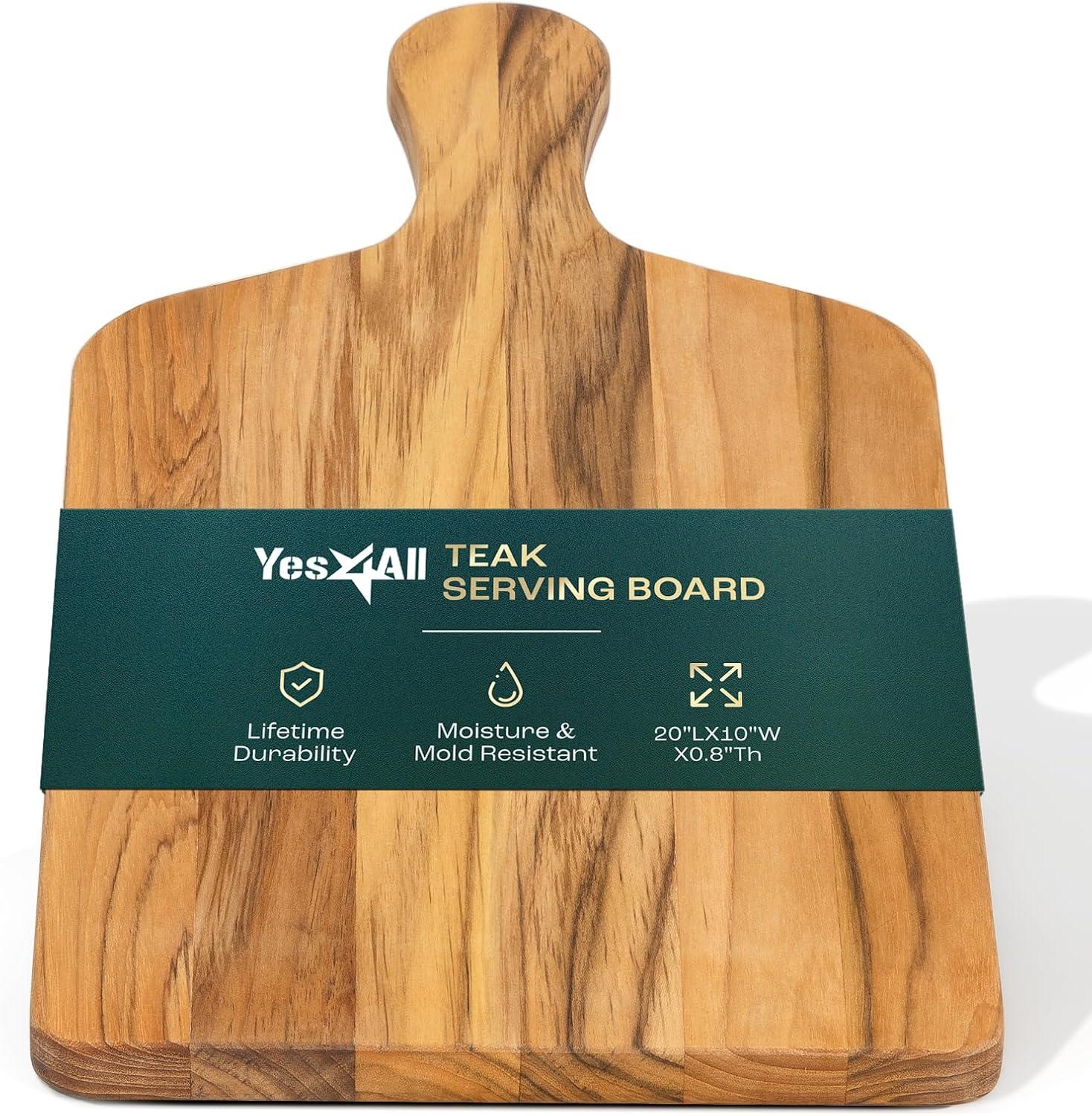 Yes4All Durable Teak Cutting Boards for Kitchen, [20L x 15W x 1.5 Thick] Large Edge Grain Cutting Board, Pre Oiled Wood Cutting Boards, Thick Chopping Board w/Juice Grooves and Easy Grip Handle(Teak)