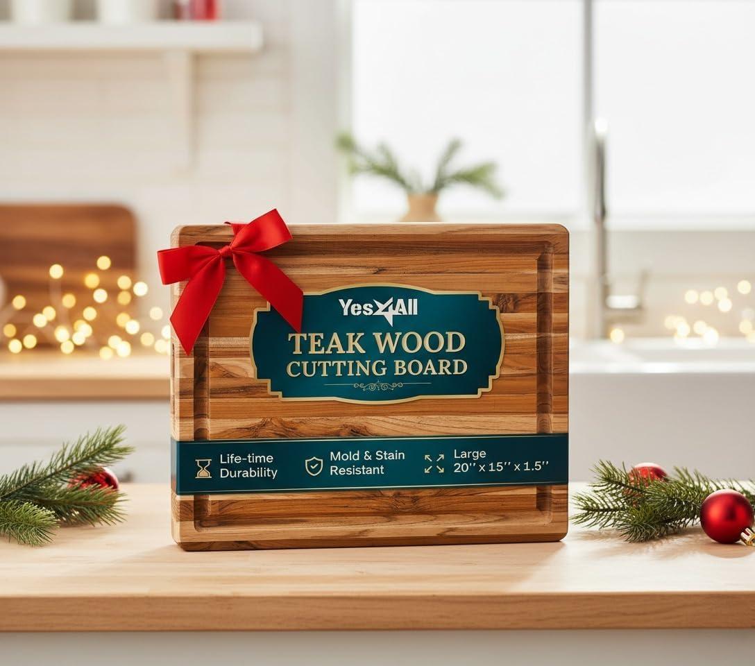 Yes4All Durable Teak Cutting Boards for Kitchen, [20L x 15W x 1.5 Thick] Large Edge Grain Cutting Board, Pre Oiled Wood Cutting Boards, Thick Chopping Board w/Juice Grooves and Easy Grip Handle(Teak)