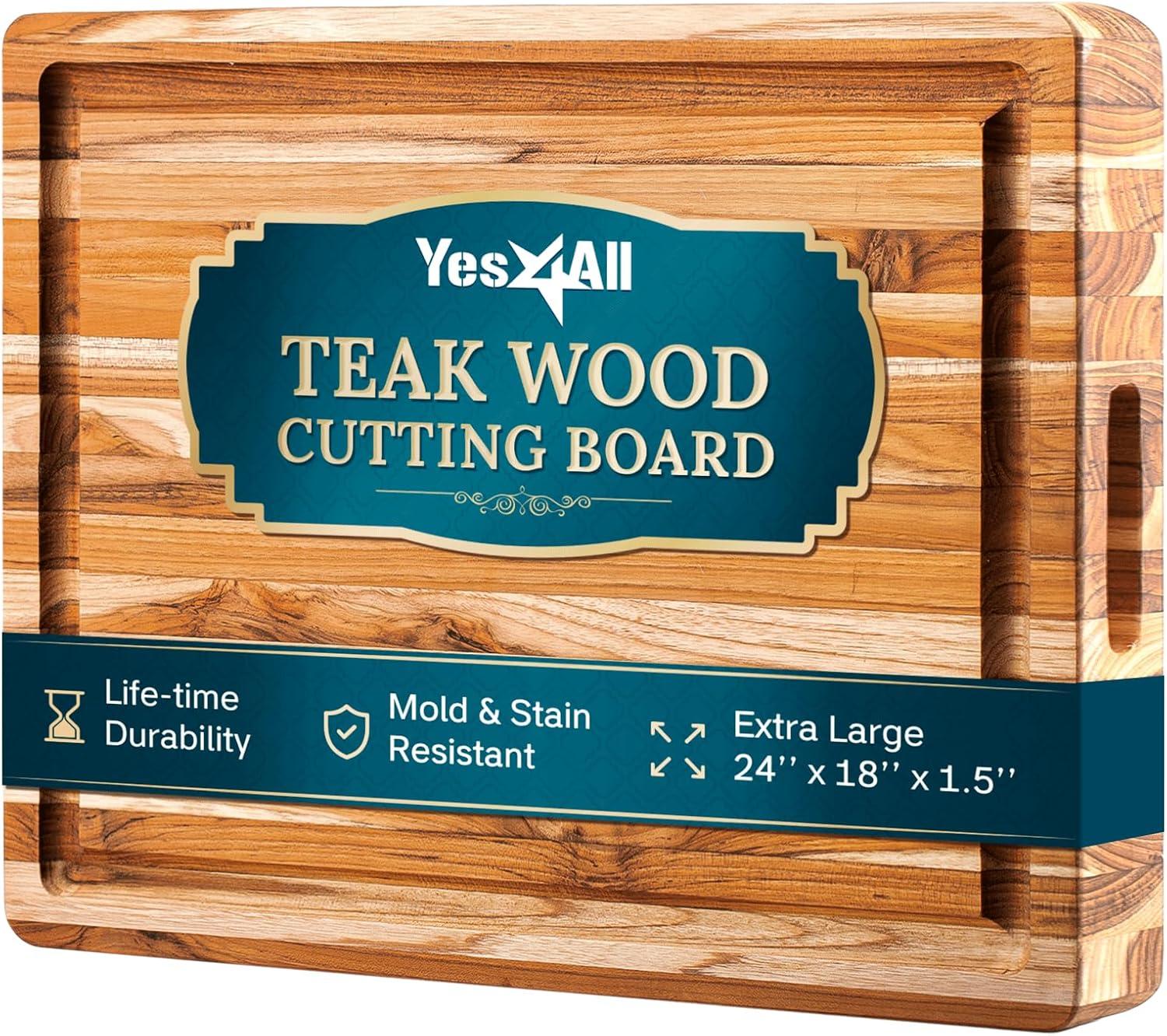 Yes4All Durable Teak Cutting Boards for Kitchen, [20L x 15W x 1.5 Thick] Large Edge Grain Cutting Board, Pre Oiled Wood Cutting Boards, Thick Chopping Board w/Juice Grooves and Easy Grip Handle(Teak)