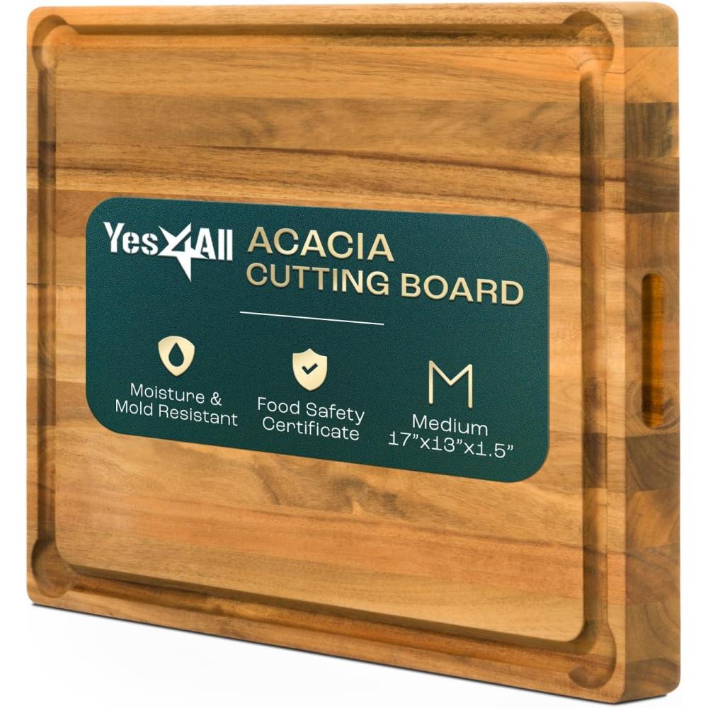 Yes4All Durable Teak Cutting Boards for Kitchen, [20L x 15W x 1.5 Thick] Large Edge Grain Cutting Board, Pre Oiled Wood Cutting Boards, Thick Chopping Board w/Juice Grooves and Easy Grip Handle(Acacia)