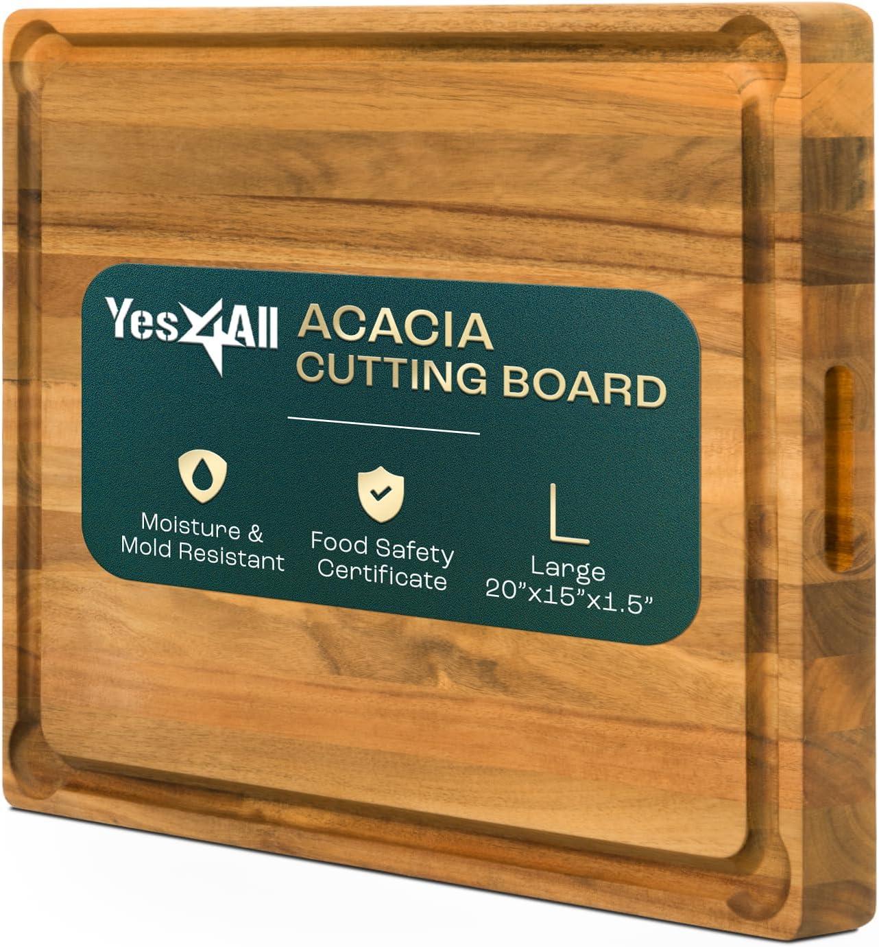 Yes4All Durable Teak Cutting Boards for Kitchen, [20L x 15W x 1.5 Thick] Large Edge Grain Cutting Board, Pre Oiled Wood Cutting Boards, Thick Chopping Board w/Juice Grooves and Easy Grip Handle(Acacia)