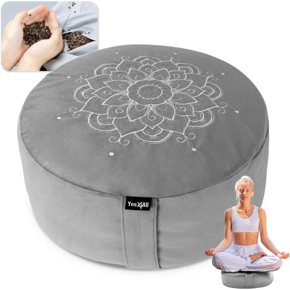 Yes4All Meditation Cushion, Floor Pillow Foam Zafu Buckwheat, Mandala Pattern Yoga Meditation Bolster Pillows, Floor Cushions(C. Ash Gray)