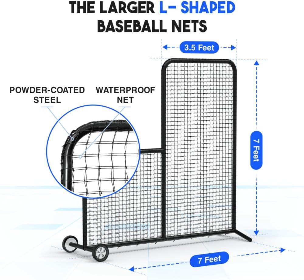 Anova L Screen Baseball Net for Batting and Pitching with 2 Basic Baseballs and Carry Bag Included, Baseball & Softball Screen, 7x7ft with Wheels Pitching Net, Black