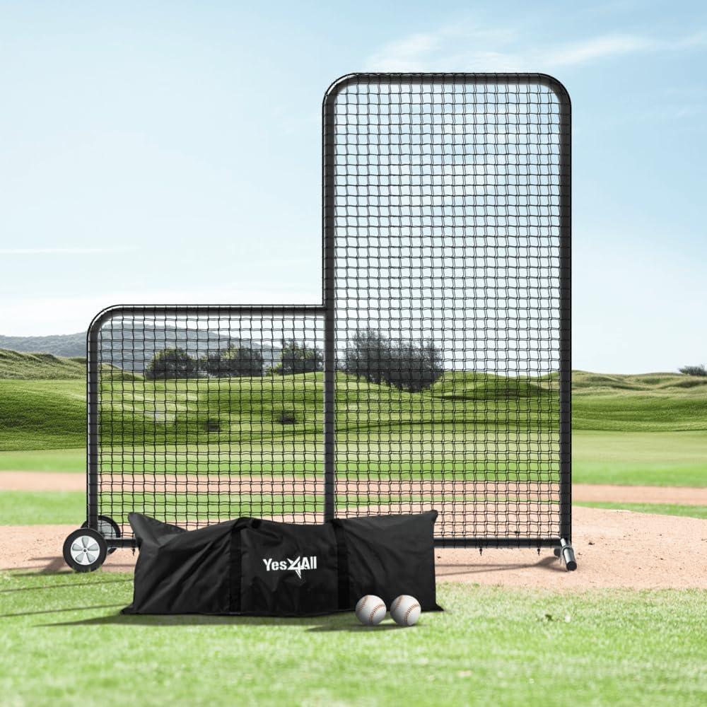 Anova L Screen Baseball Net for Batting and Pitching with 2 Basic Baseballs and Carry Bag Included, Baseball & Softball Screen, 7x7ft with Wheels Pitching Net, Black