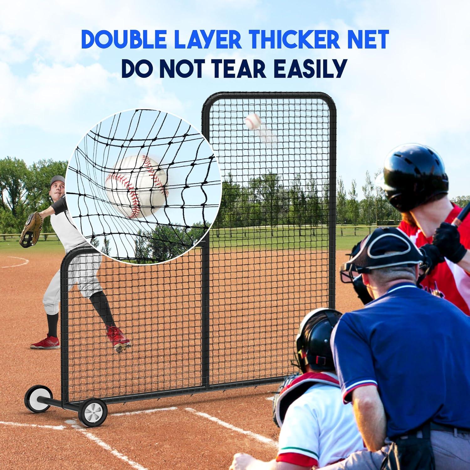 Anova L Screen Baseball Net for Batting and Pitching with 2 Basic Baseballs and Carry Bag Included, Baseball & Softball Screen, 7x7ft with Wheels Pitching Net, Black