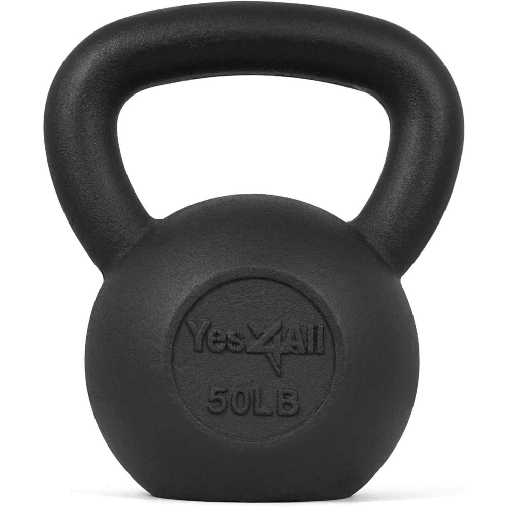 Yes4All Cast Iron Kettlebell, Strength Training Kettlebells 5-80 Lb (5,10,15,20,25,30,35,40,45,50,60,70,80 Lb) for Full Body Workout, Push up, Strength Training – Single & Kettlebell Set of 2 for Men(J.Black – 50lbs)