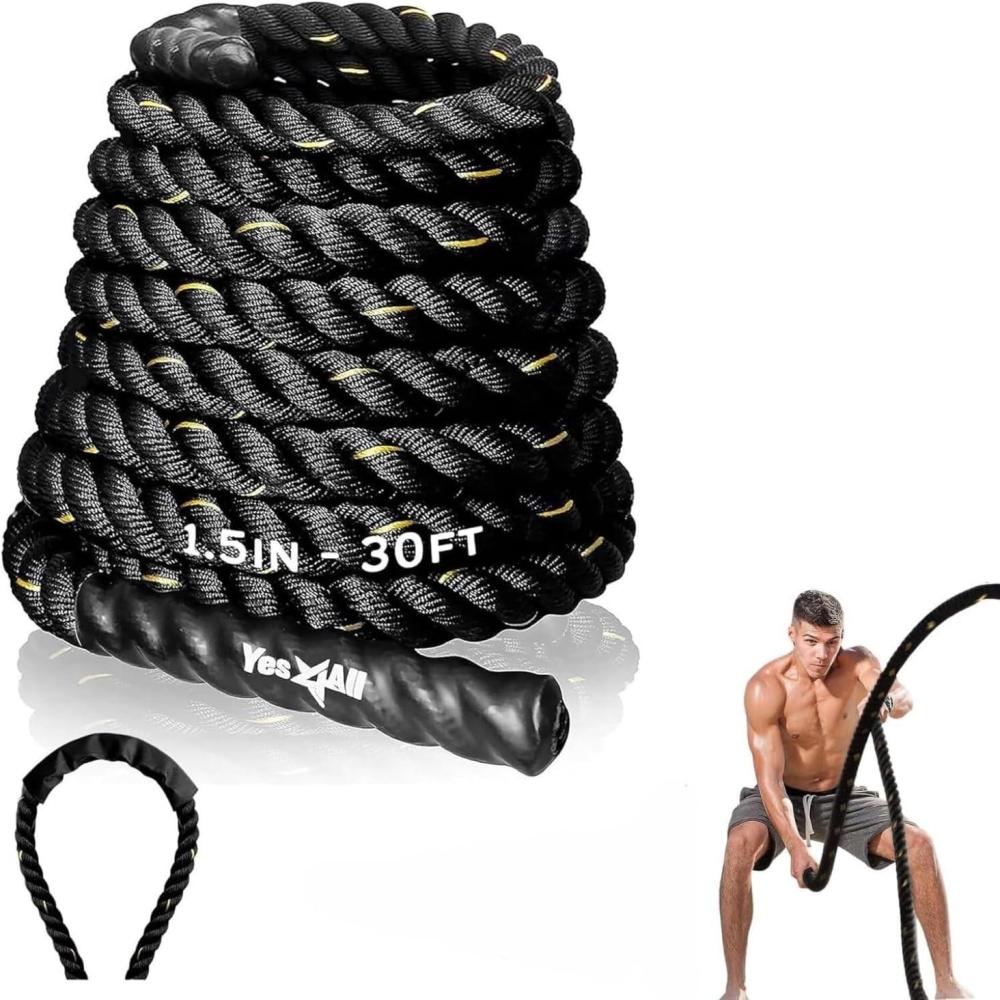 Yes4All 1.5/2 Inch Battle Ropes with Extra Protective Sleeve, Workout Ropes for Cross-Training Home Gym & Fitness Exercises, Strength Training – 30,40,50 Feet Lengths Available(1.5in – 30ft)