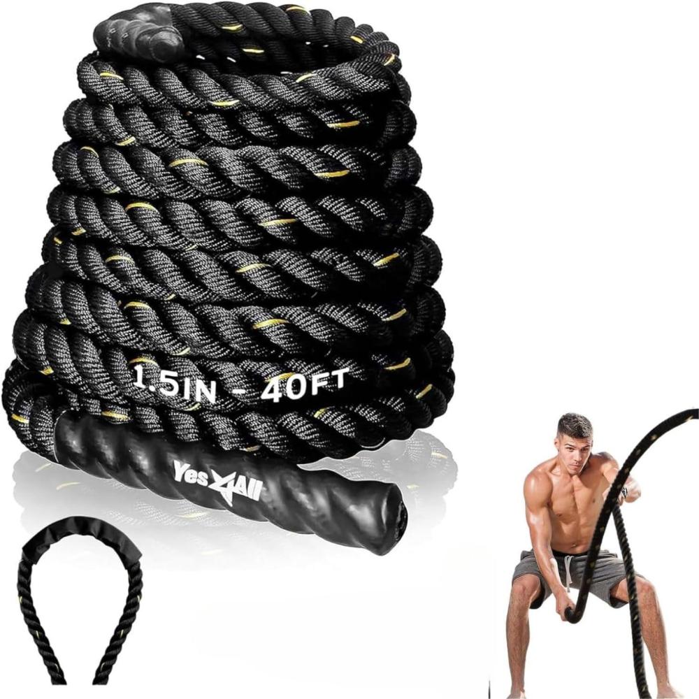 Yes4All 1.5/2 Inch Battle Ropes with Extra Protective Sleeve, Workout Ropes for Cross-Training Home Gym & Fitness Exercises, Strength Training – 30,40,50 Feet Lengths Available(1.5in – 40ft)