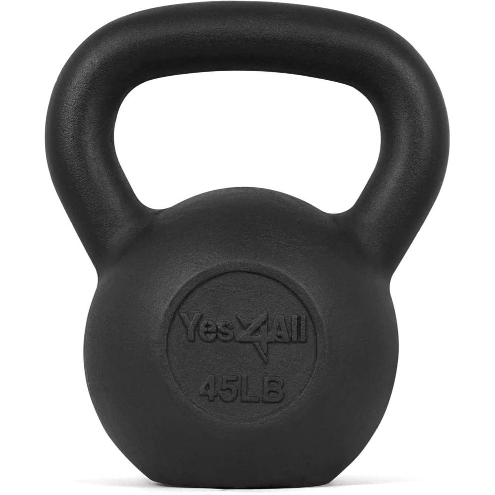 Yes4All Cast Iron Kettlebell, Strength Training Kettlebells 5-80 Lb (5,10,15,20,25,30,35,40,45,50,60,70,80 Lb) for Full Body Workout, Push up, Strength Training – Single & Kettlebell Set of 2 for Men(I.Black 45lbs)