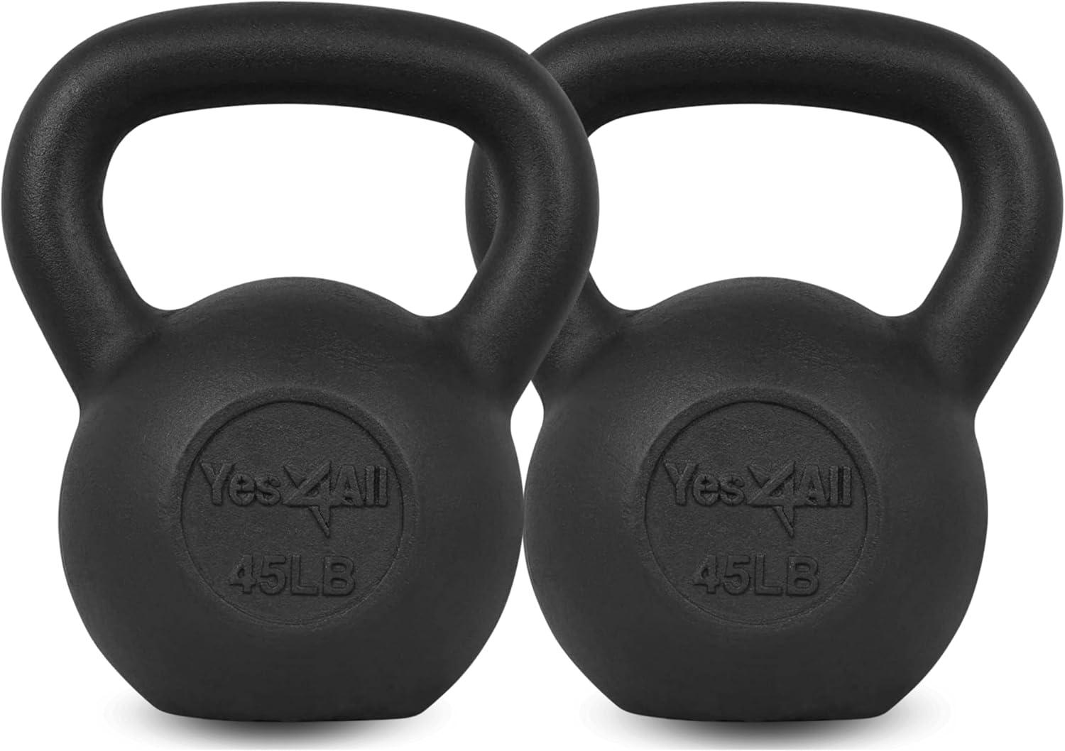 Yes4All Cast Iron Kettlebell, Strength Training Kettlebells 5-80 Lb (5,10,15,20,25,30,35,40,45,50,60,70,80 Lb) for Full Body Workout, Push up, Strength Training – Single & Kettlebell Set of 2 for Men(I.Black 45lbs)