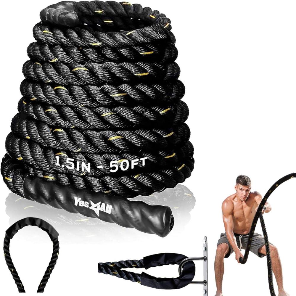 Yes4All 1.5/2 Inch Battle Ropes with Extra Protective Sleeve, Workout Ropes for Cross-Training Home Gym & Fitness Exercises, Strength Training – 30,40,50 Feet Lengths Available(1.5 in – 50 ft)