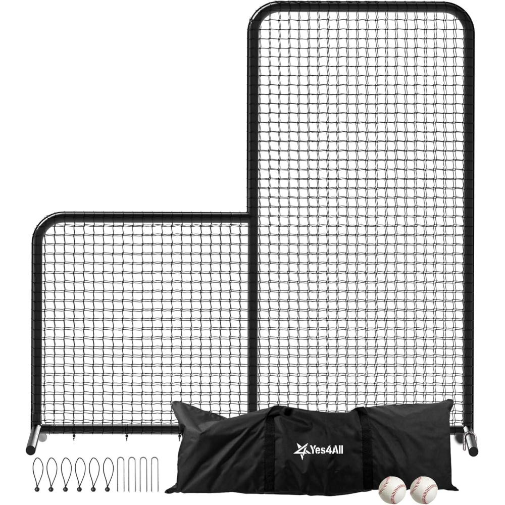Portable L-Screen Baseball 7x7ft with 2 Baseballs, Rubber Wheels – L Screen Baseball for Batting Cage, Protective Pitching Screen Net Double Layers, Carry Bag Included(7×7 ft L-Screen No Wheel)