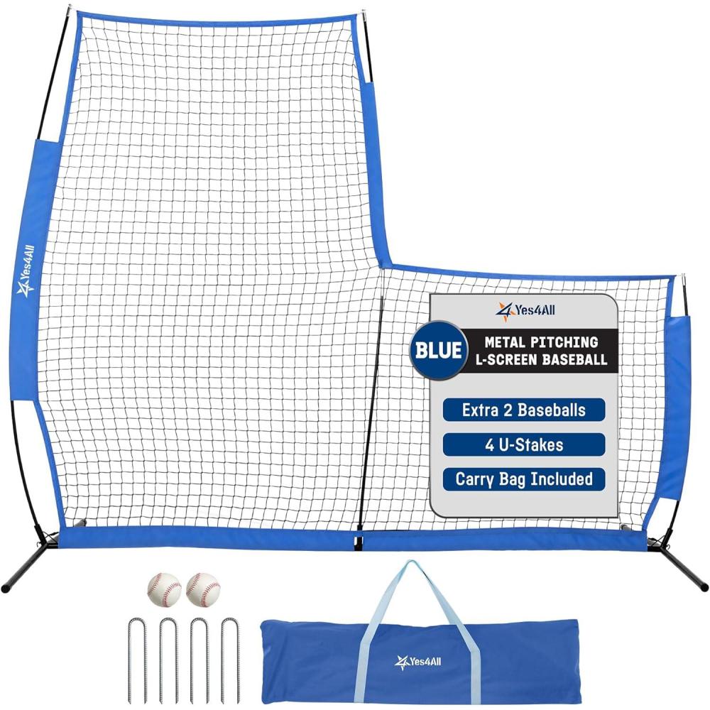 Portable L-Screen Baseball 7x7ft with 2 Baseballs, Rubber Wheels – L Screen Baseball for Batting Cage, Protective Pitching Screen Net Double Layers, Carry Bag Included(B. L Screen Baseball version Light 7 x 7)