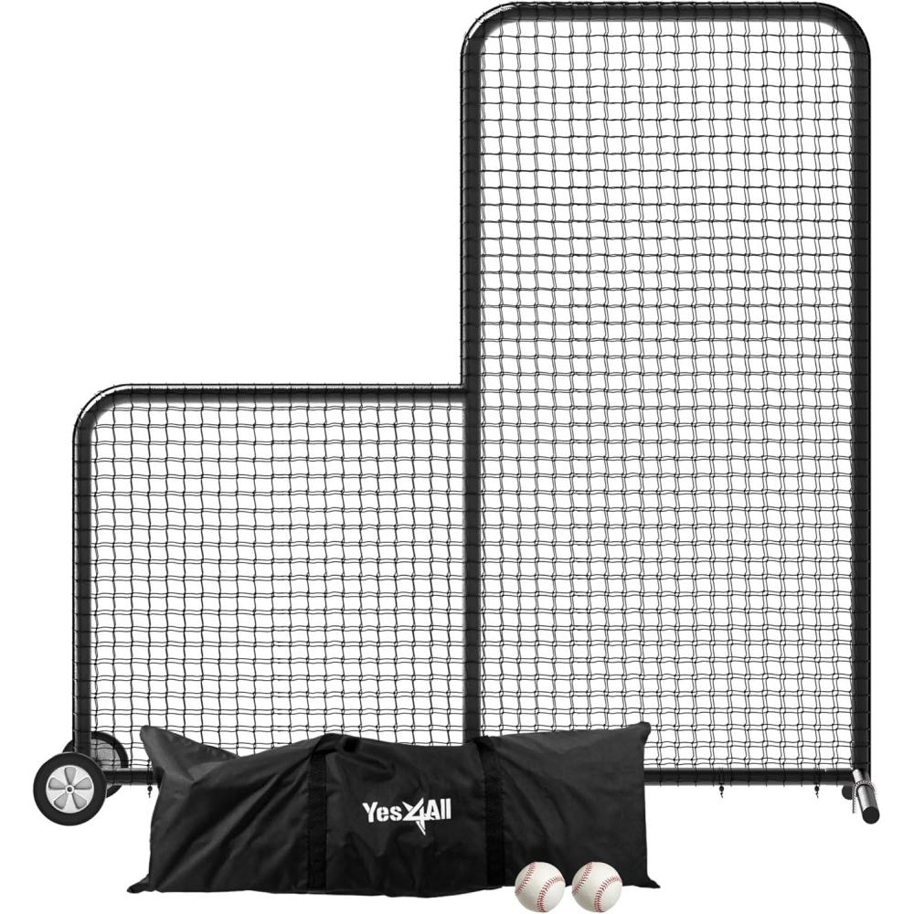 Portable L-Screen Baseball 7x7ft with 2 Baseballs, Rubber Wheels – L Screen Baseball for Batting Cage, Protective Pitching Screen Net Double Layers, Carry Bag Included(7x7ft L-Shape with Wheels)