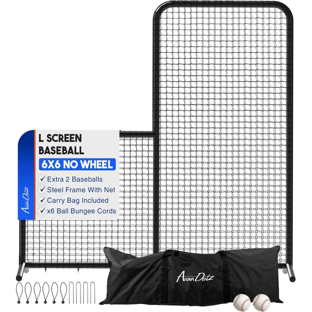 Portable L-Screen Baseball 7x7ft with 2 Baseballs, Rubber Wheels – L Screen Baseball for Batting Cage, Protective Pitching Screen Net Double Layers, Carry Bag Included(6×6 ft L-Screen No Wheel)
