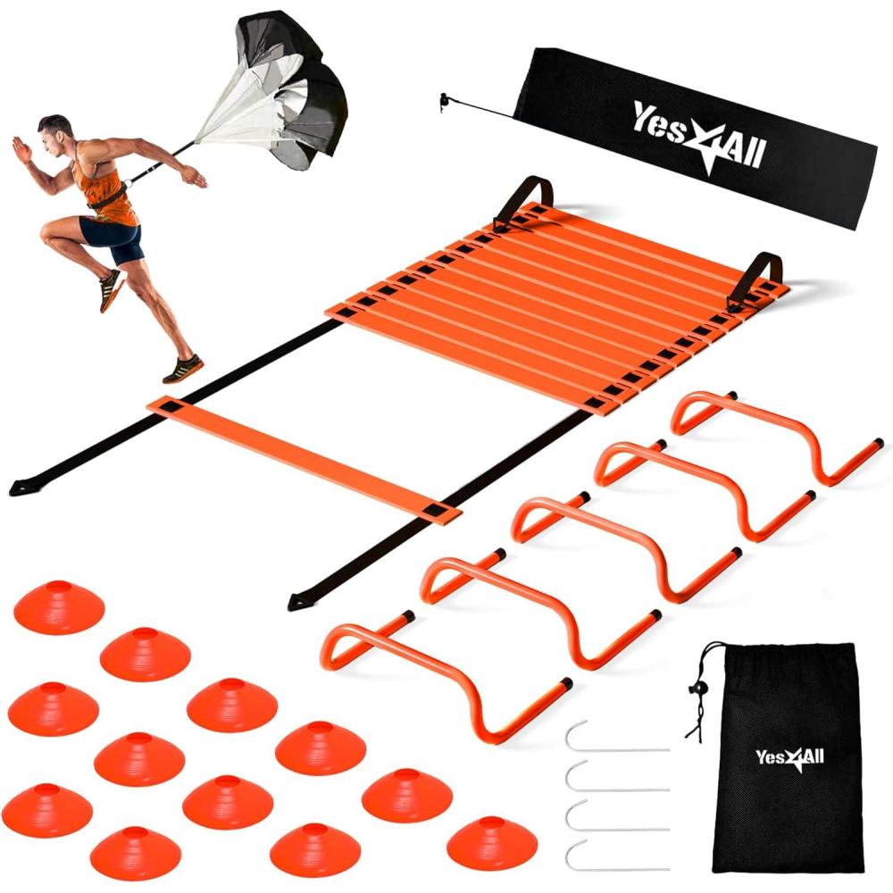 Yes4All Agility Ladder Speed Training Equipment Set – 1 Adjustable Agility Ladder, 12 Soccer Cones, 5 Hurdles, Jump Rope, Running Parachute – Speed & Agility Training Equipment for All Ages(B. Set Orange)